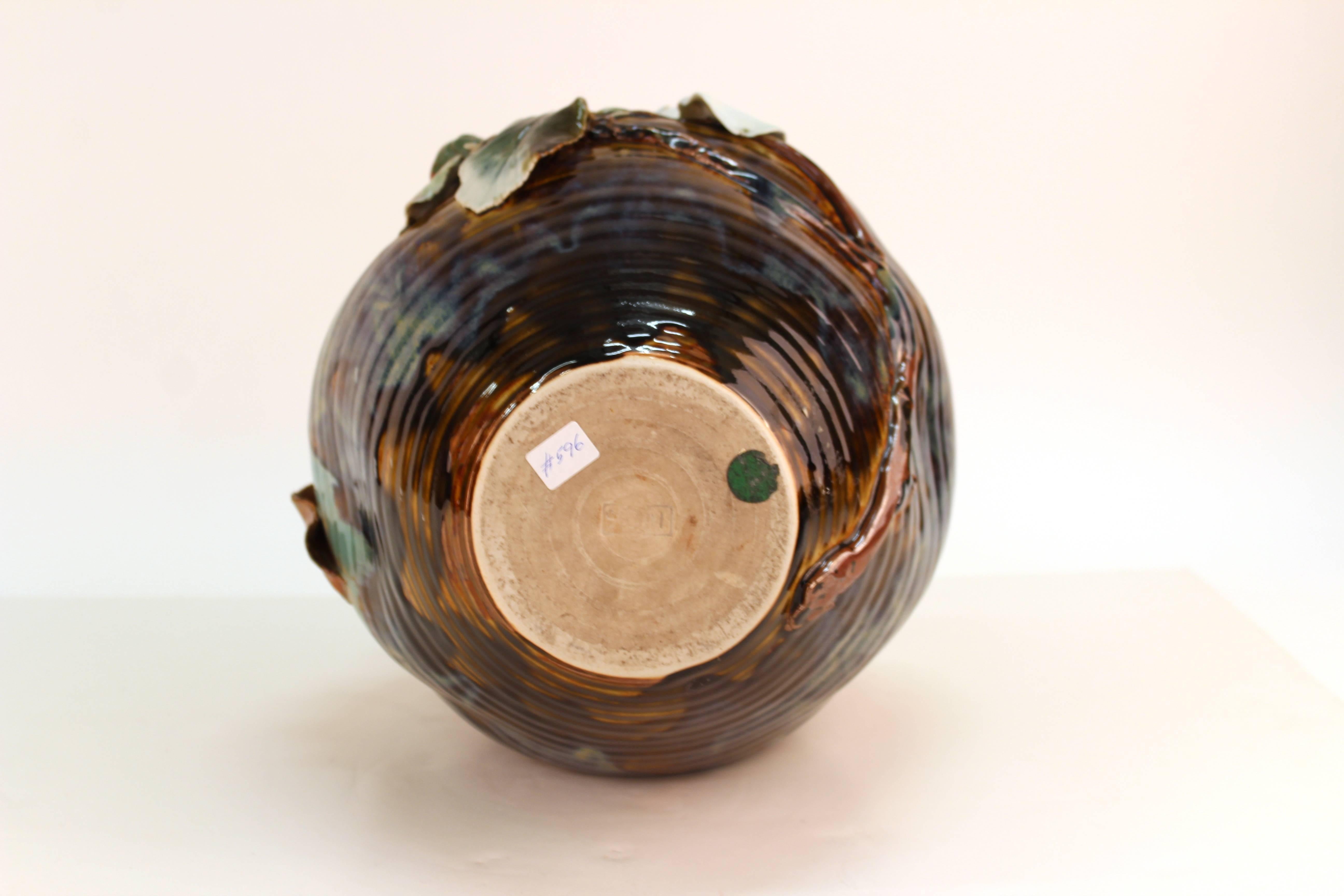 Japanese Glazed Ceramic Vase with Raised Flowers 2