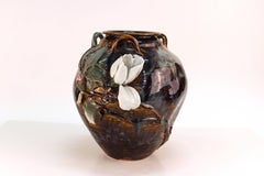 Japanese Glazed Ceramic Vase with Raised Flowers