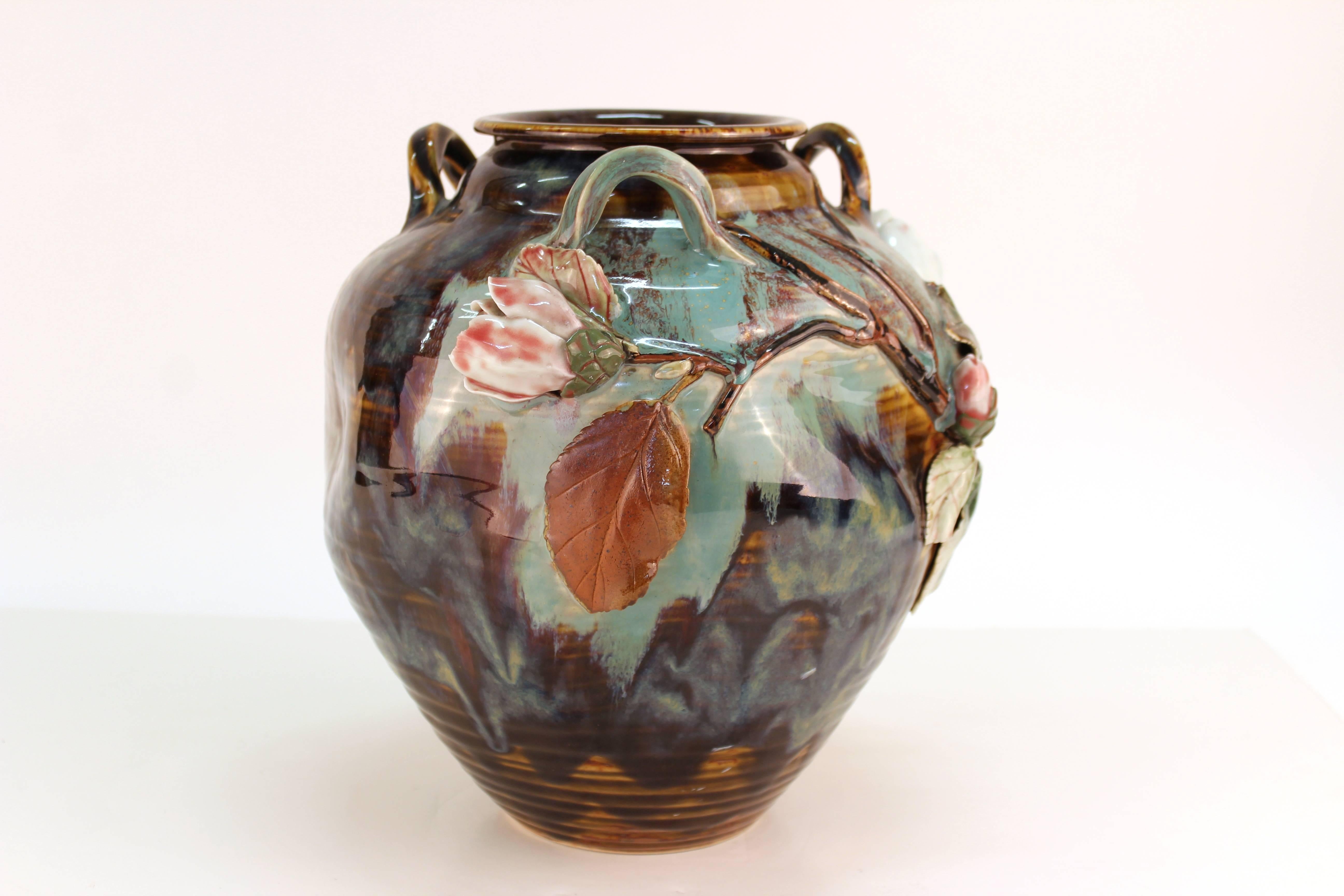 Meiji Japanese Glazed Ceramic Vase with Raised Flowers