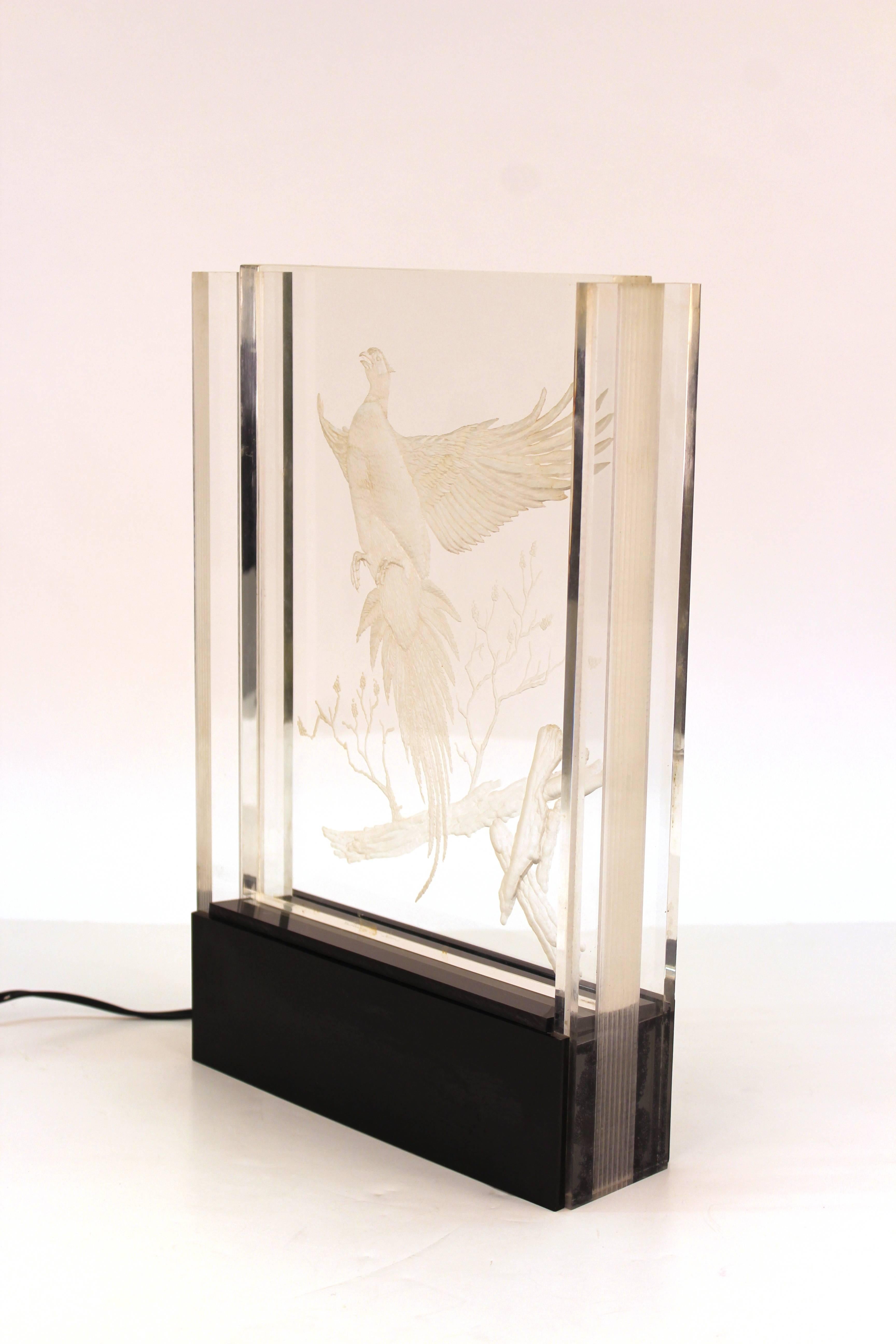 Hollywood Regency Etched Lucite Table Light with Pheasant in Flight 1