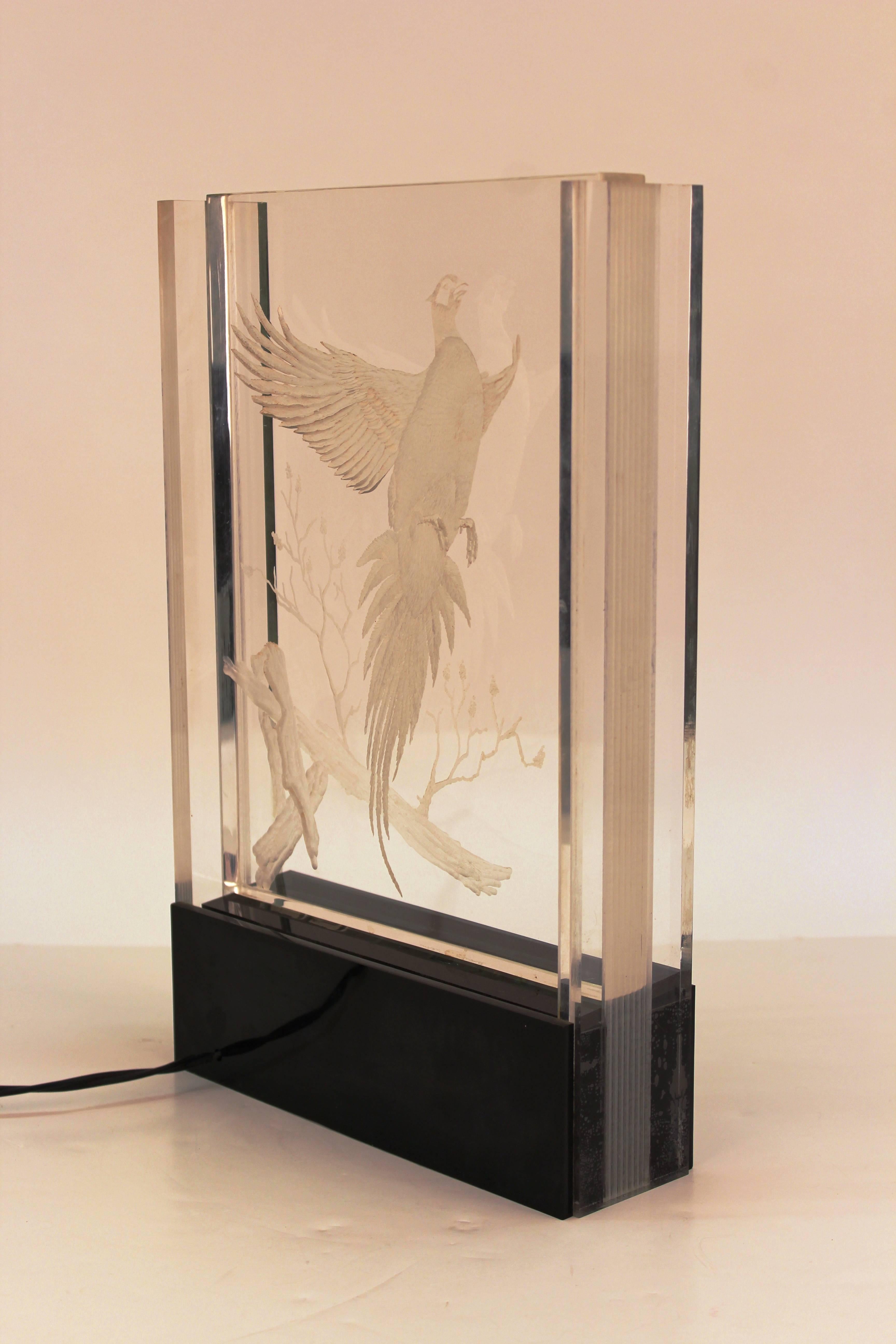 Hollywood Regency Etched Lucite Table Light with Pheasant in Flight 3