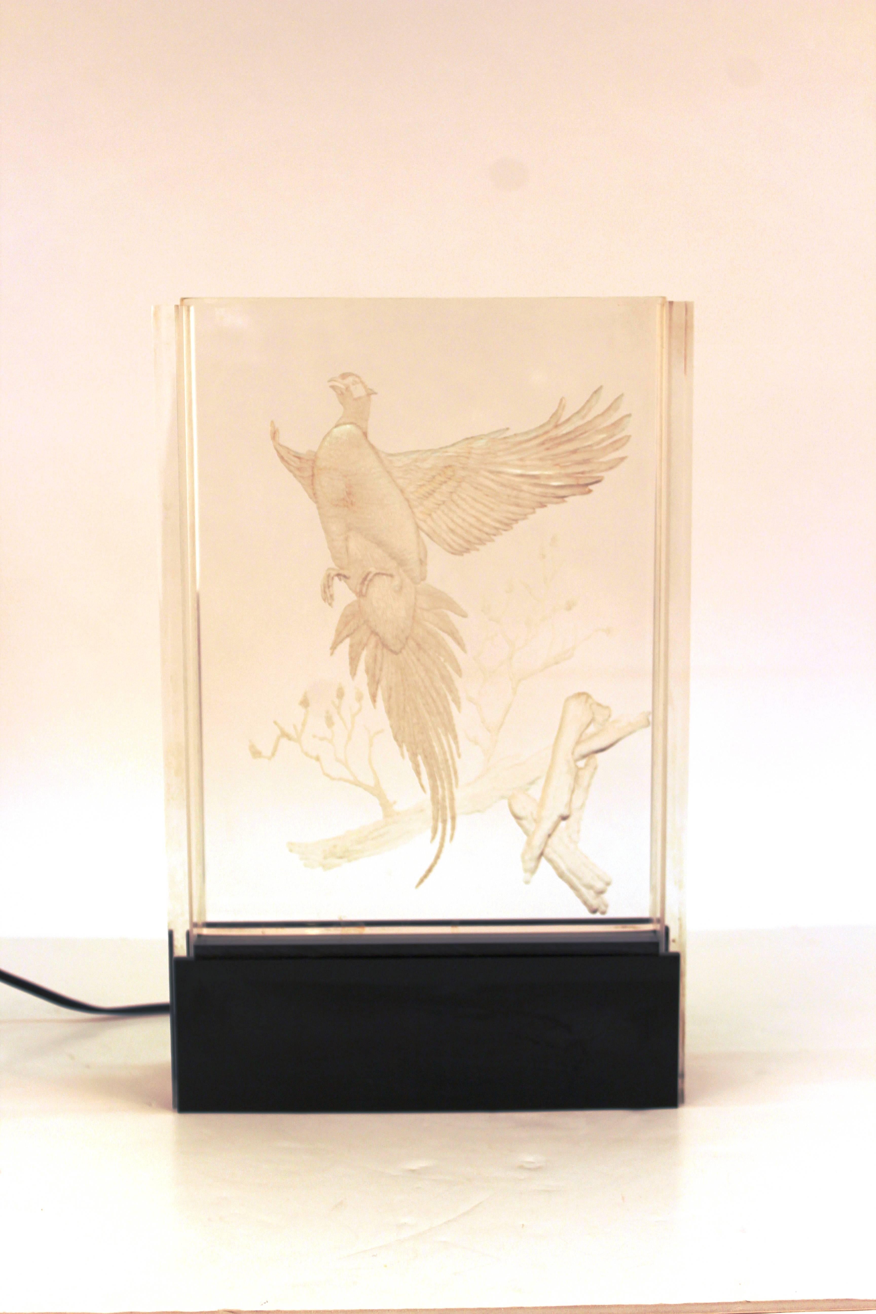 Hollywood Regency Etched Lucite Table Light with Pheasant in Flight 2