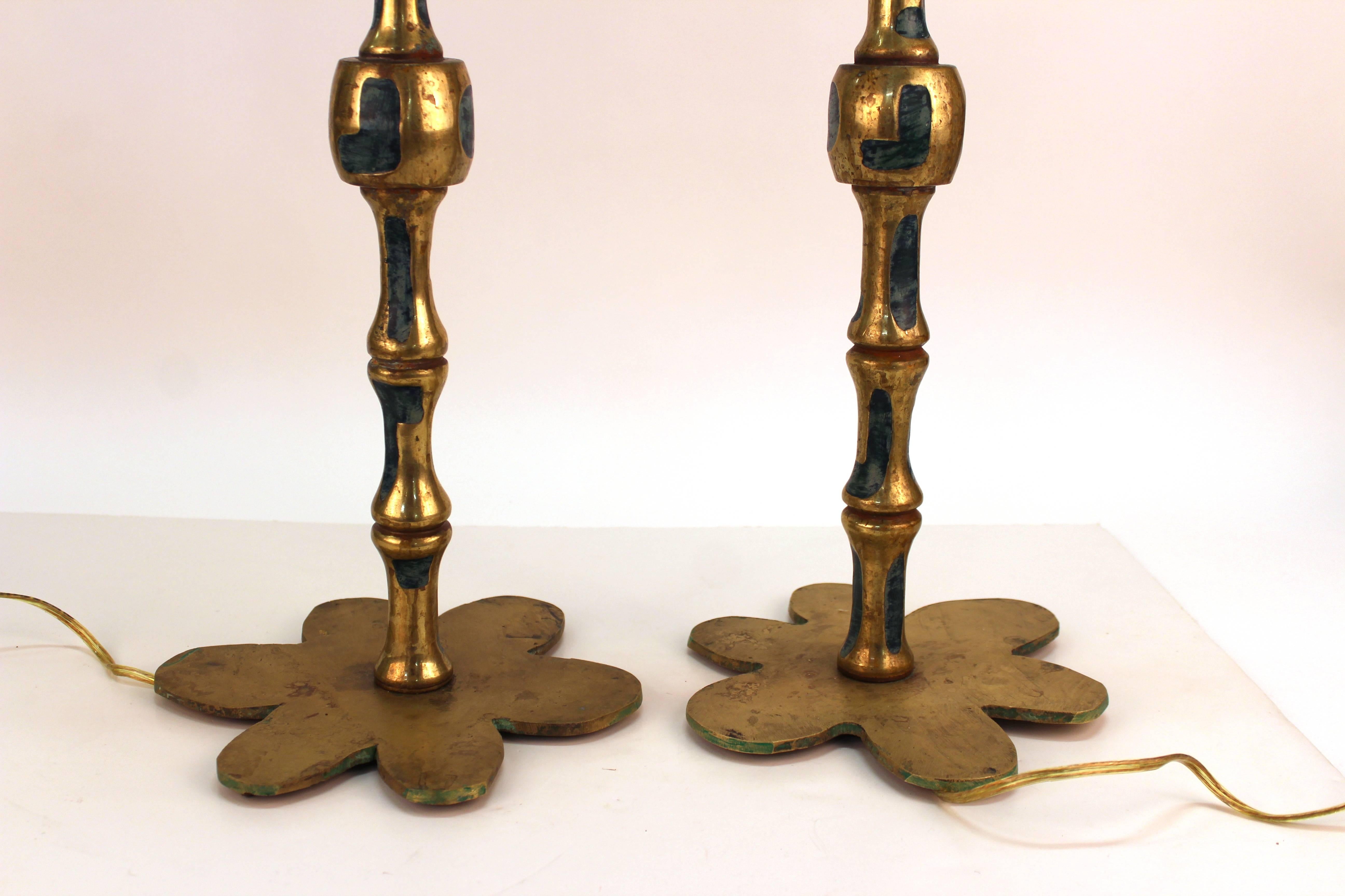 Mid-Century Modern Pepe Mendoza Style Midcentury Bronze and Turquoise Ceramic Candlestick Lamps