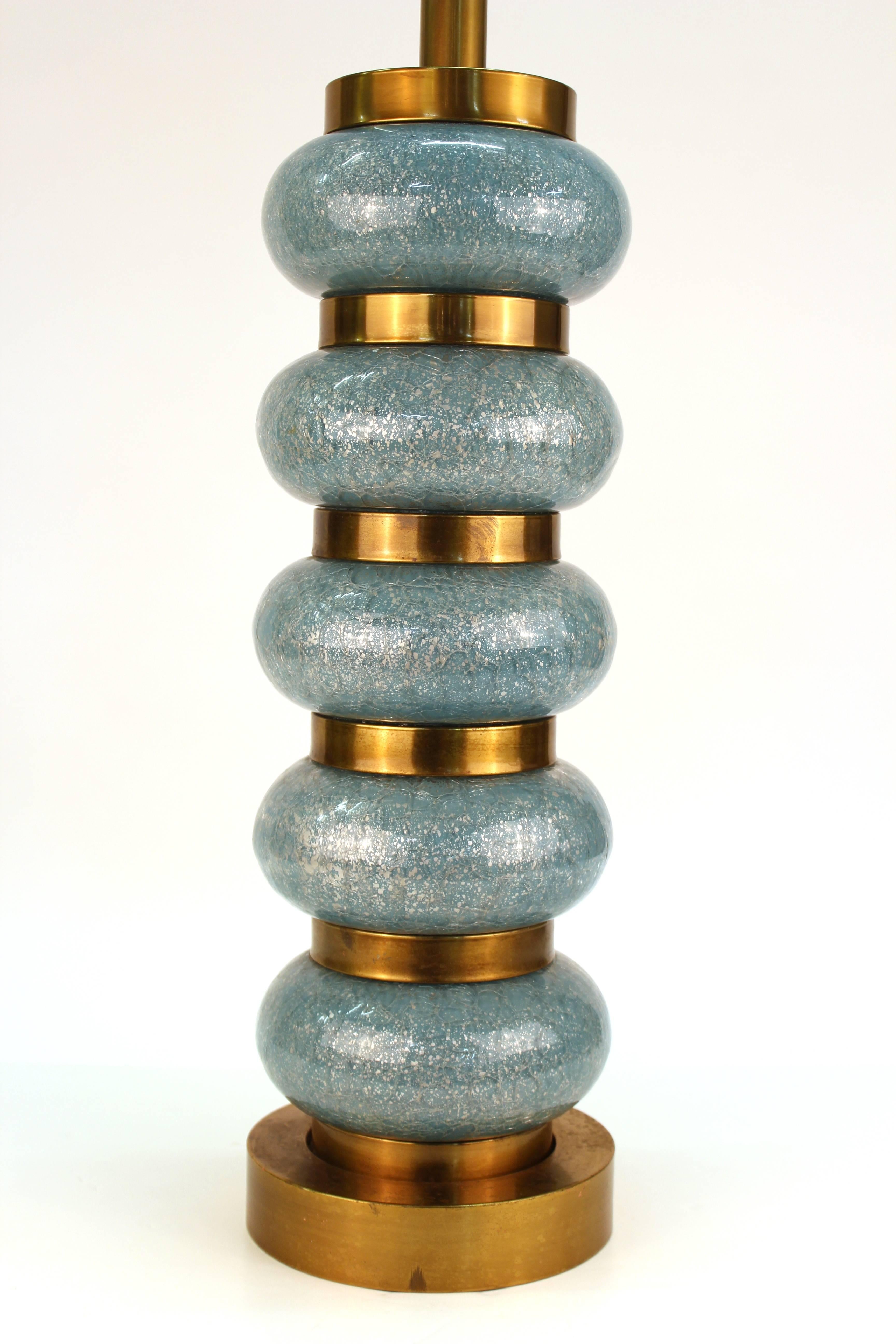 A Mid-century modern style table lamp with stacked Italian crackled glass elements. The lamp is in great vintage condition, with some loss to the color coating inside of the glass.