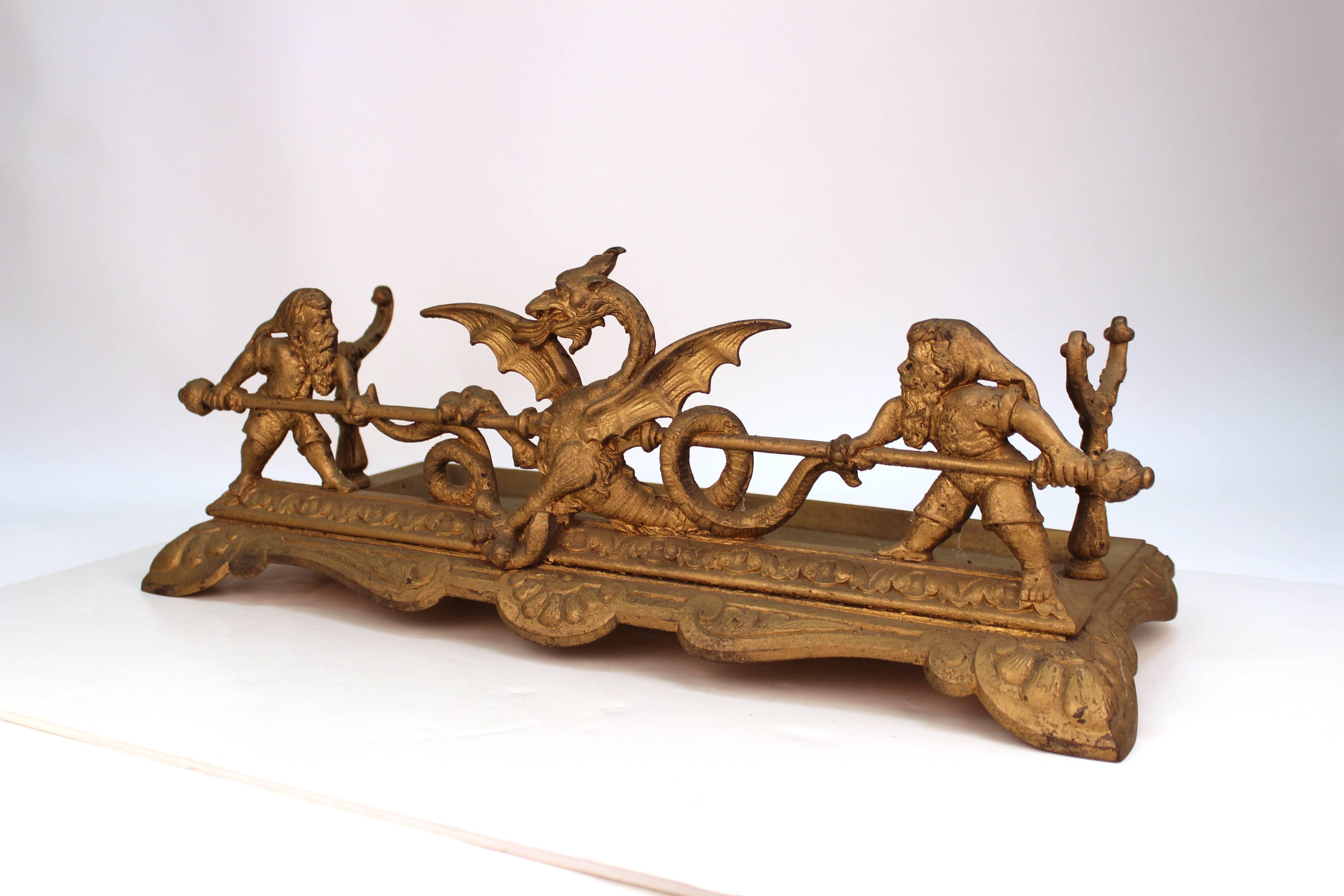 American Victorian Gilt Iron Fireplace Tool Cradle with Gnome and Dragon Detailing