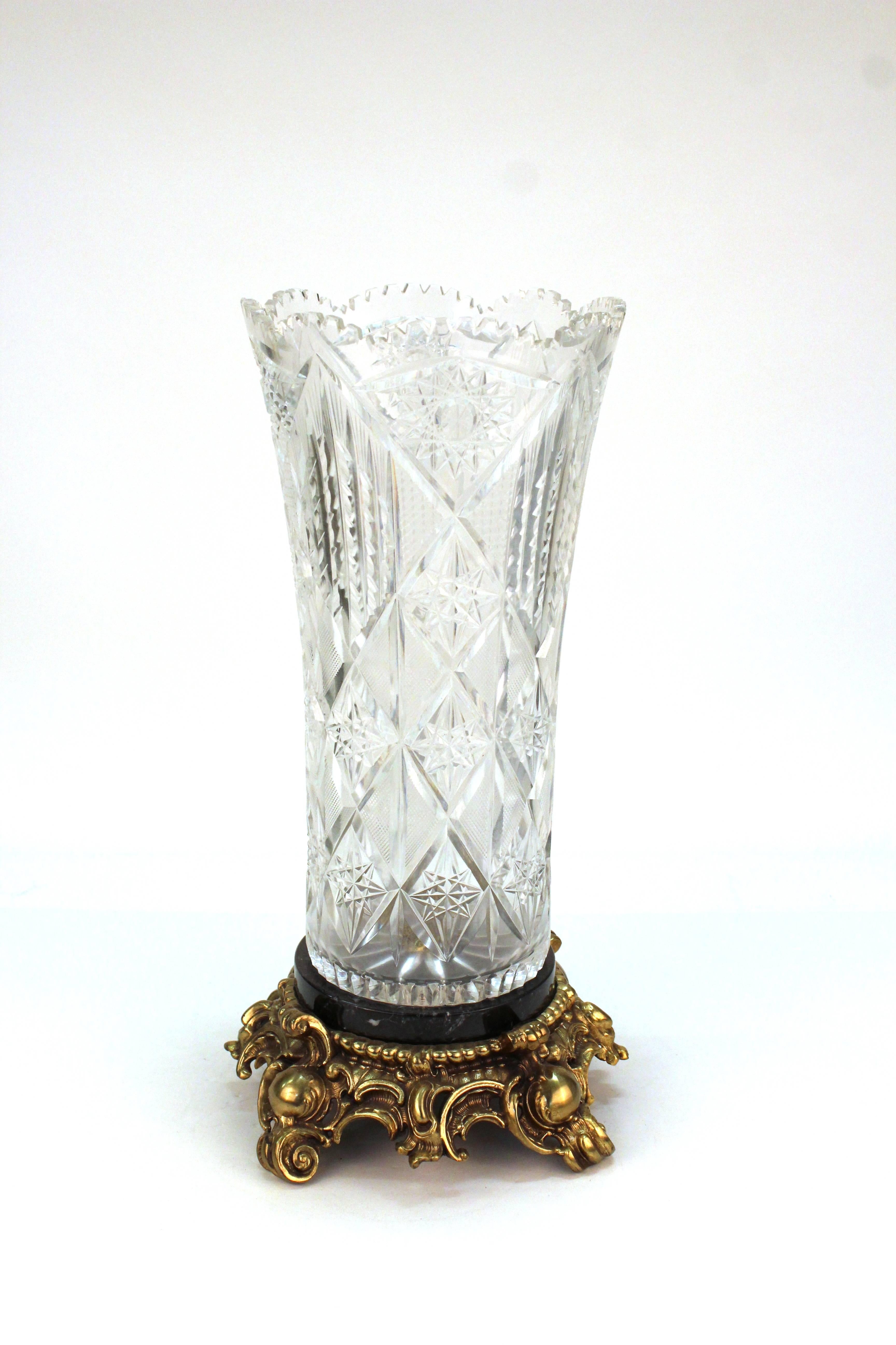 20th Century Victorian Cut Crystal Vase on Marble and Gilt Metal Base