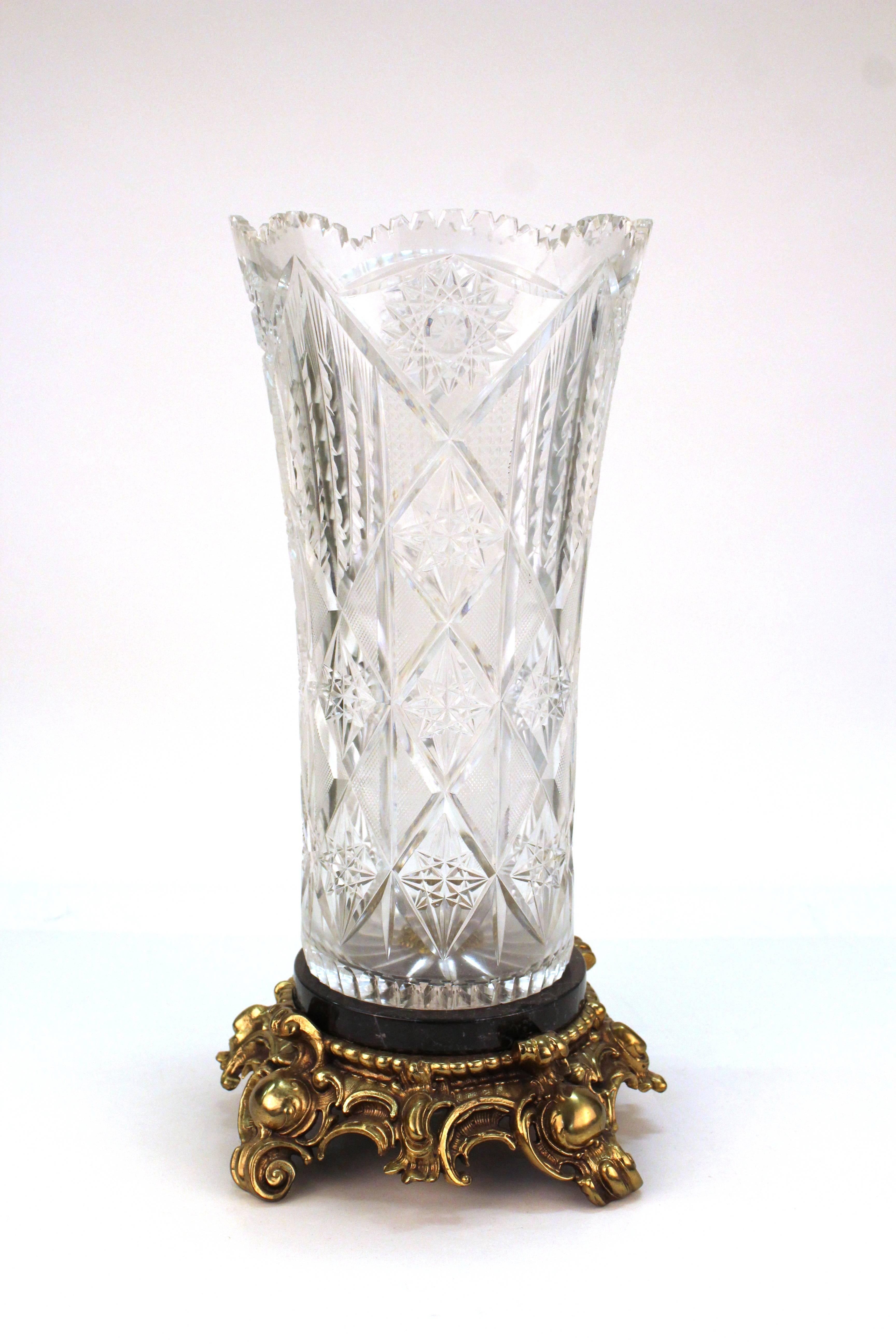 Victorian Cut Crystal Vase on Marble and Gilt Metal Base In Good Condition In New York, NY