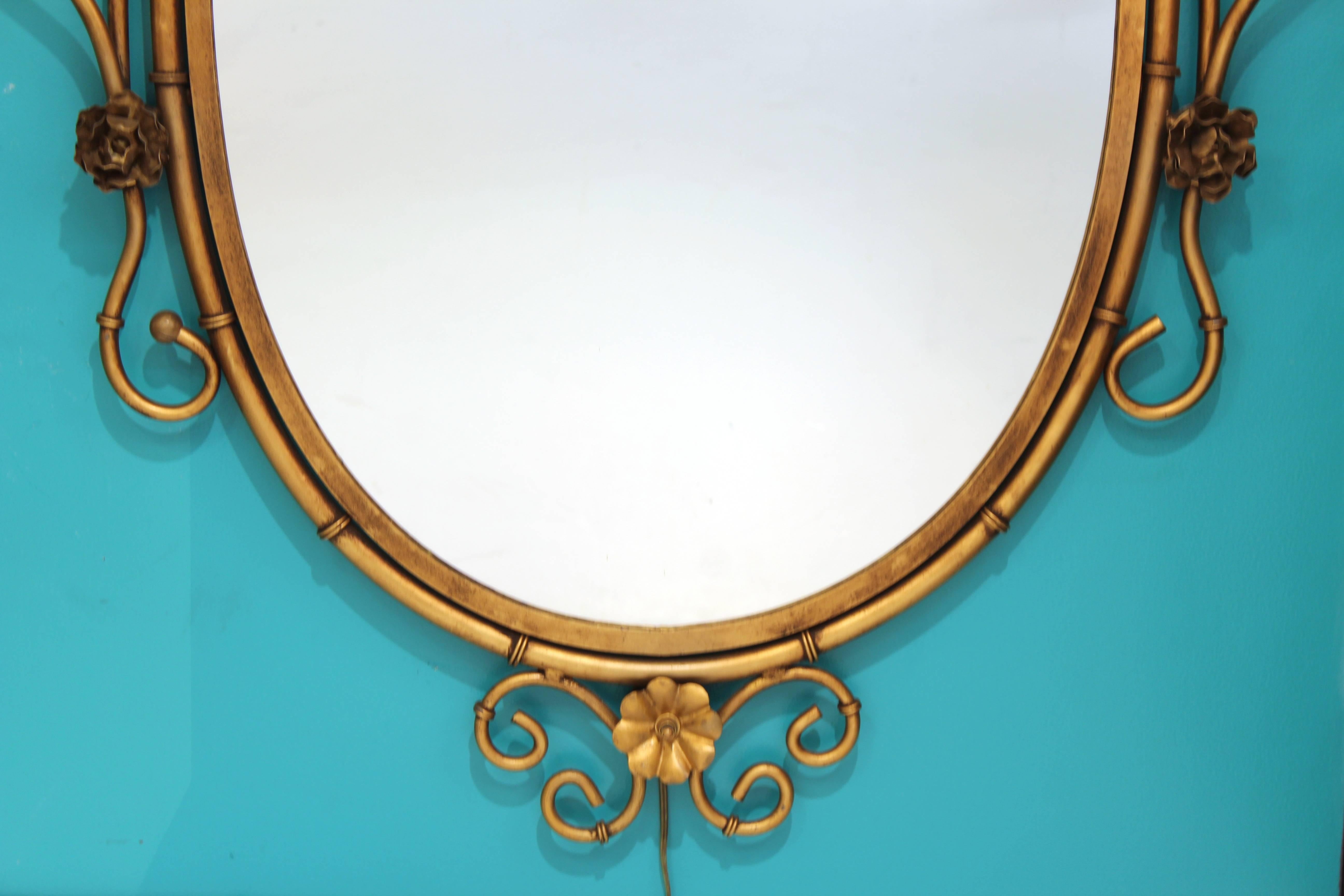 Hollywood Regency Mid-Century Italian Oval Illuminated Mirror in Faux Bamboo