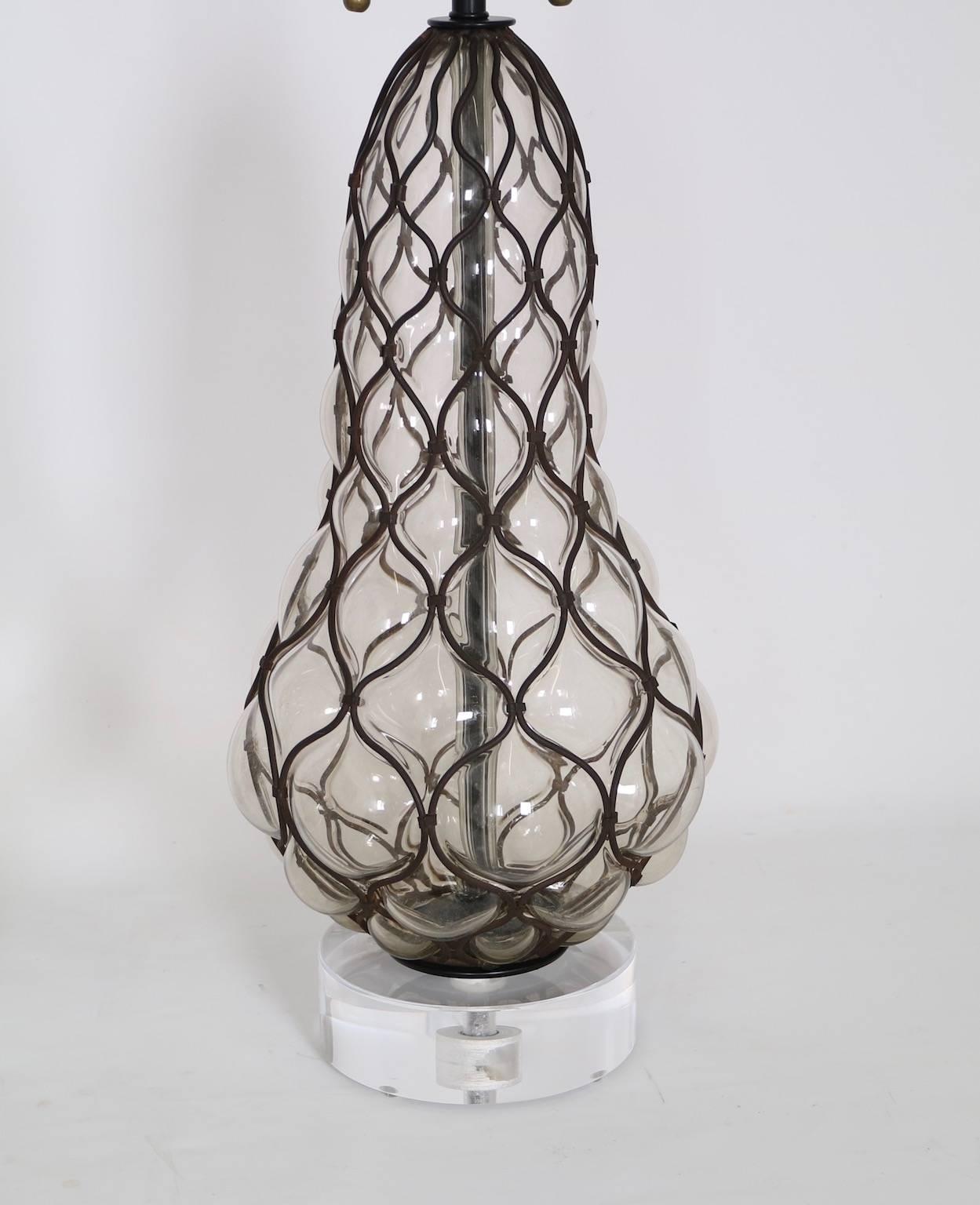 Iron Marbro Hollywood Regency Caged Murano Glass Lamps