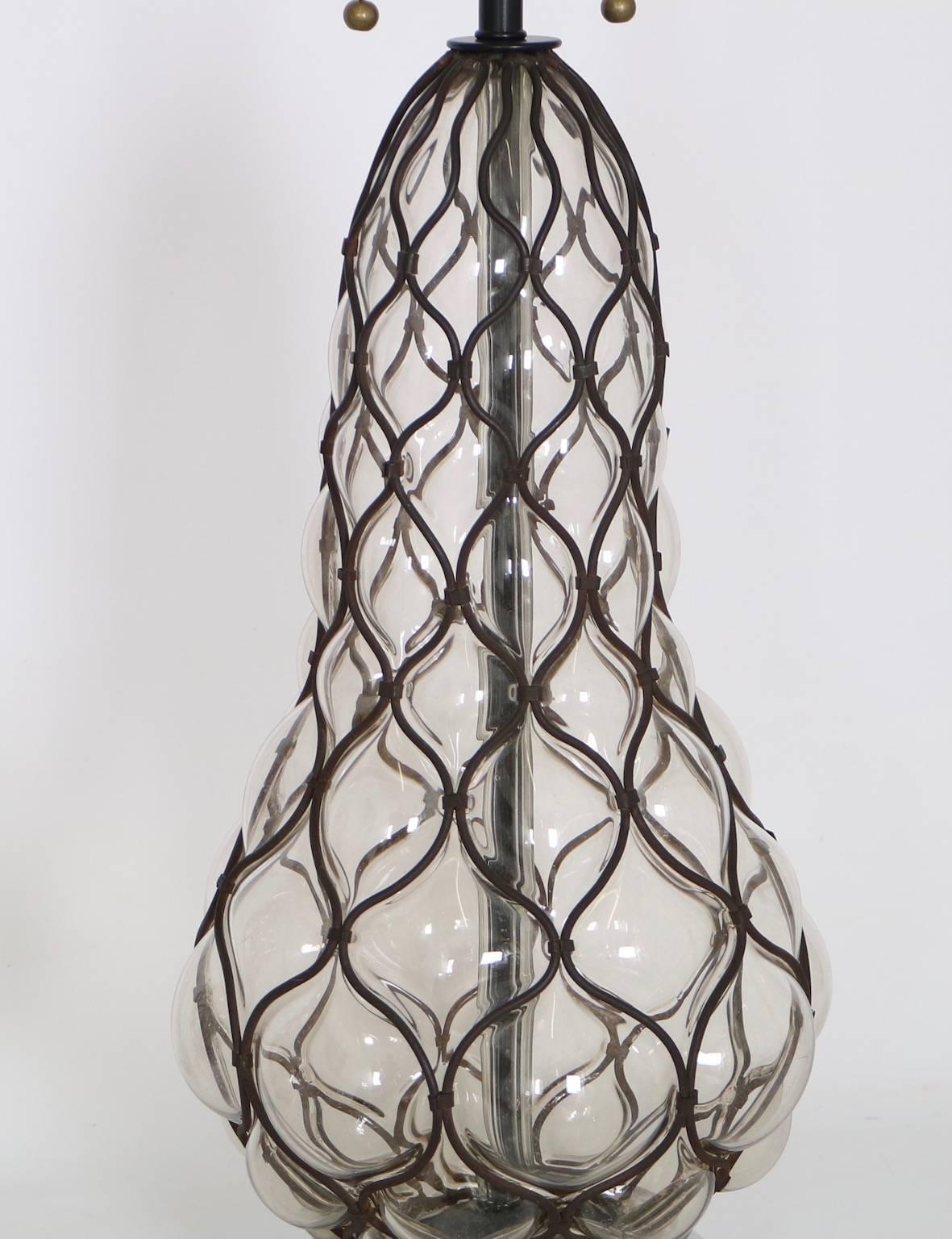 Italian Marbro Hollywood Regency Caged Murano Glass Lamps