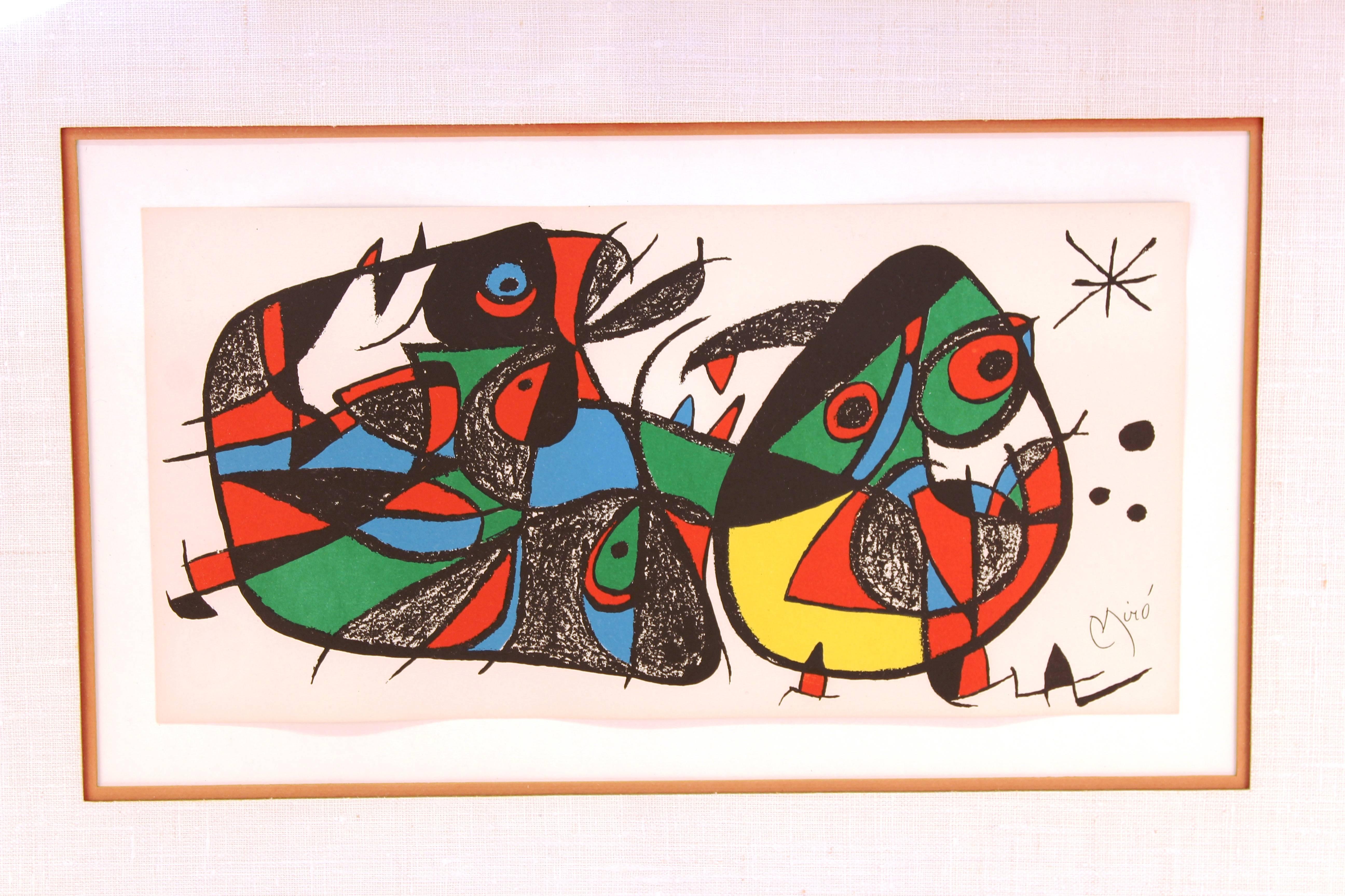 'Miró Escultor, Italy' Joan Miro lithograph in a brass frame. The print is matted in the frame with a printed signature on the front..  From the edition of 1500, unnumbered, as issued.  The piece is in excellent condition. 

Noted measurements are