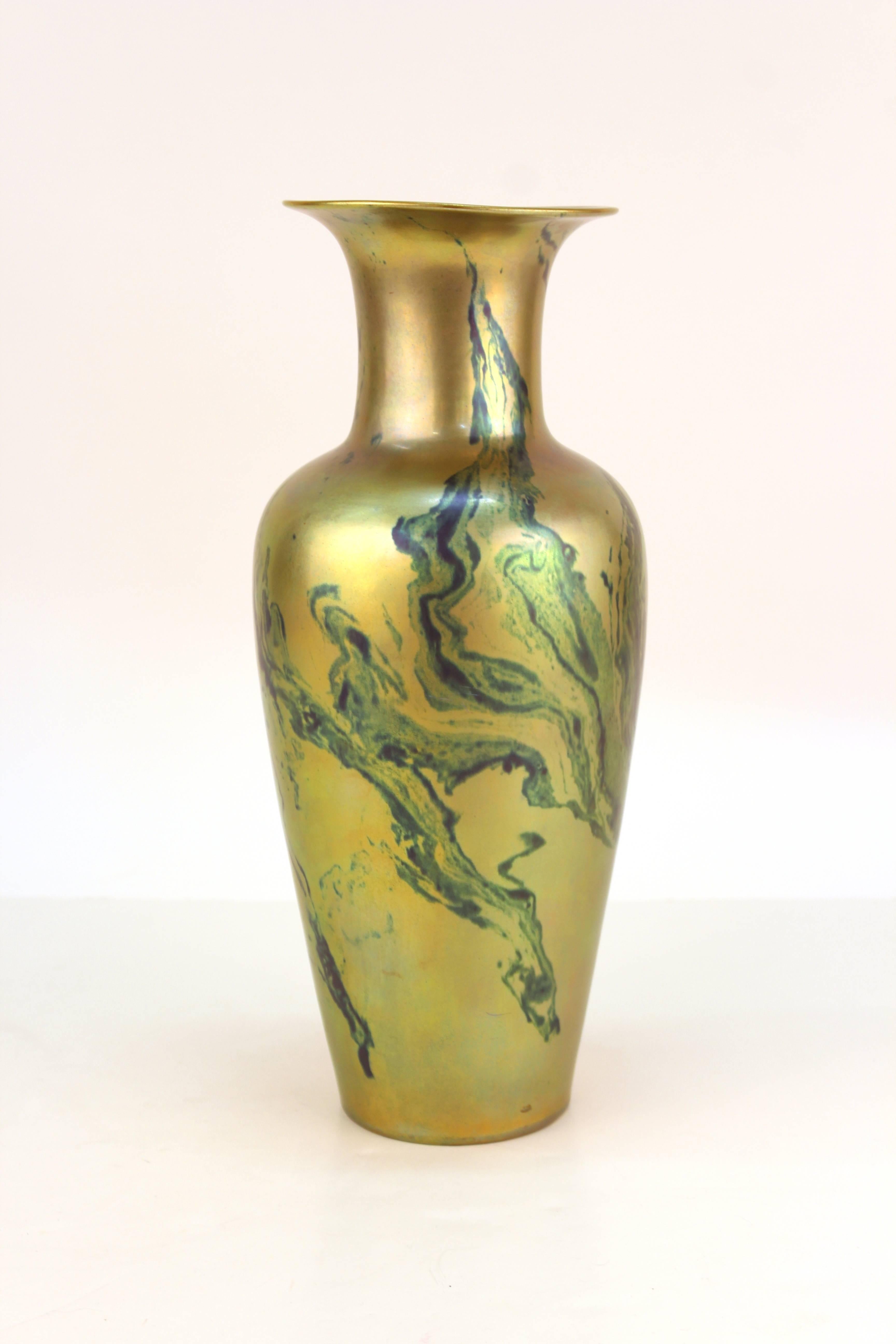 Hungarian Art Nouveau vase by Zsolnay Pecs. Crafted in marbled iridescent yellow and green circa 1900. Includes maker's mark on the bottom [Pecs/ Made in Hungary]. Wear appropriate to age and use. The vase is in good condition.