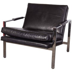 Milo Baughman Chrome Club Chair with Black Leather