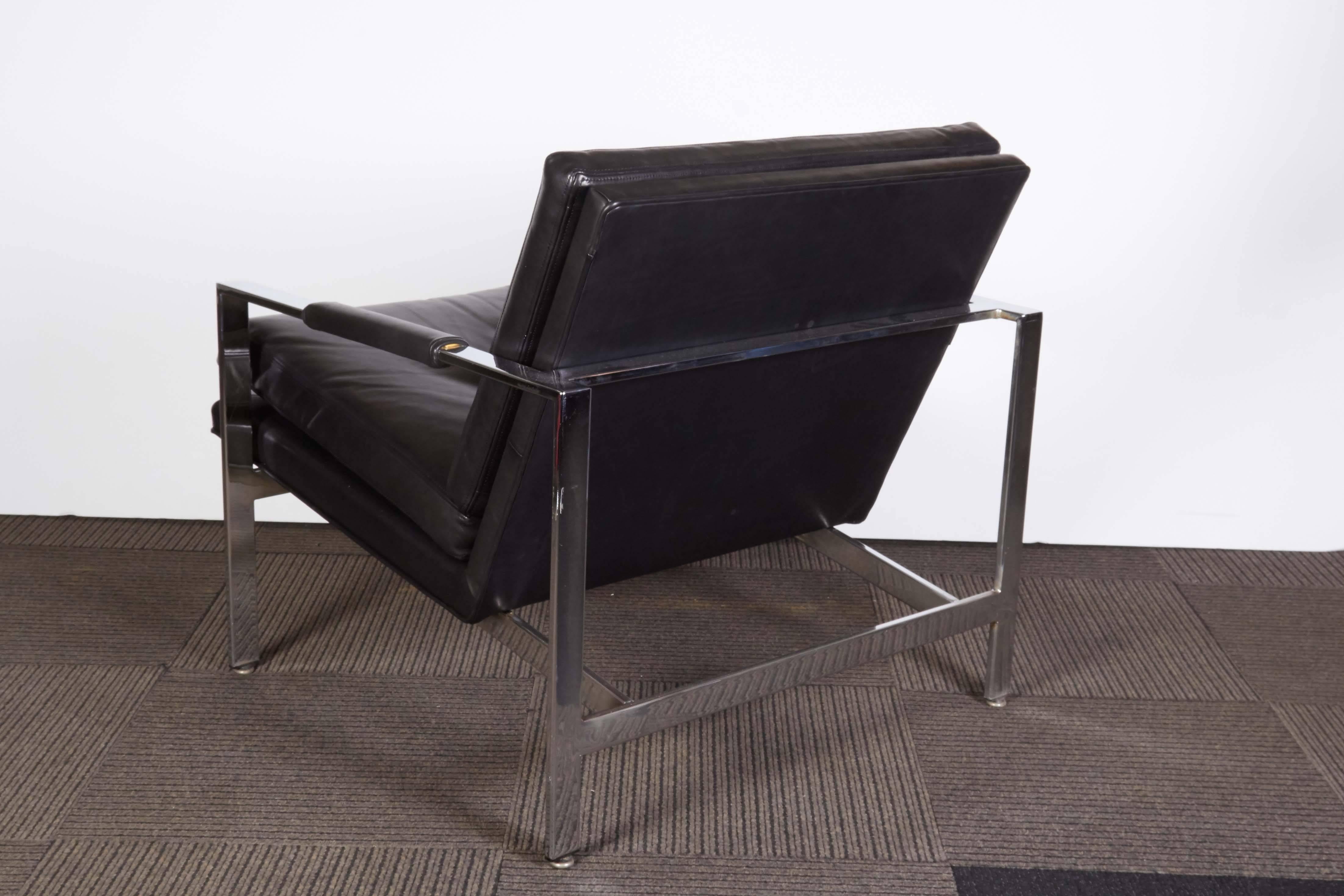 American Milo Baughman Chrome Club Chair with Black Leather