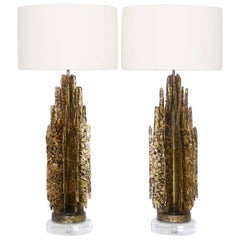 Monumental Mid-Century Modern Brutalist Pair of Lamps in Paul Evans Manner