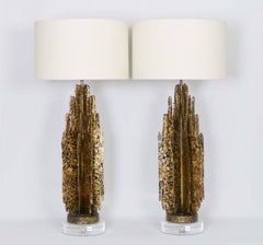 Monumental Mid-Century Modern Brutalist Pair of Lamps in Paul Evans Manner