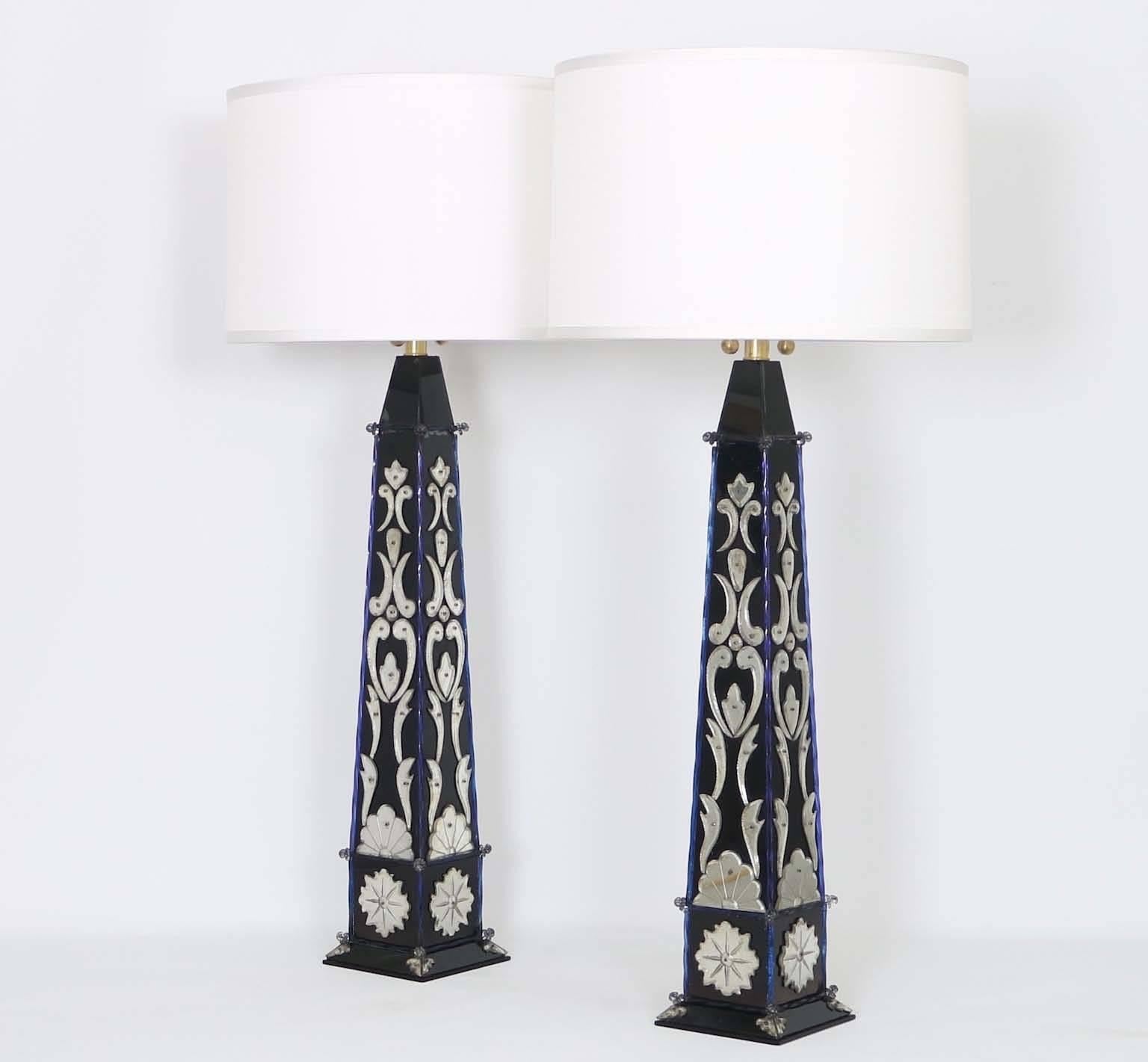 Mid-Century Modern Pair of Monumental Venetian Mirror Obelisk Lamps