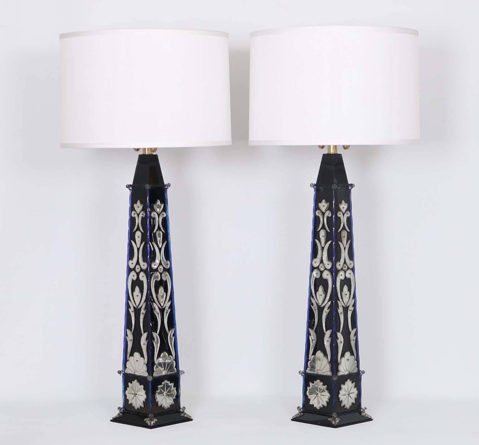 Italian Pair of Monumental Venetian Mirror Obelisk Lamps