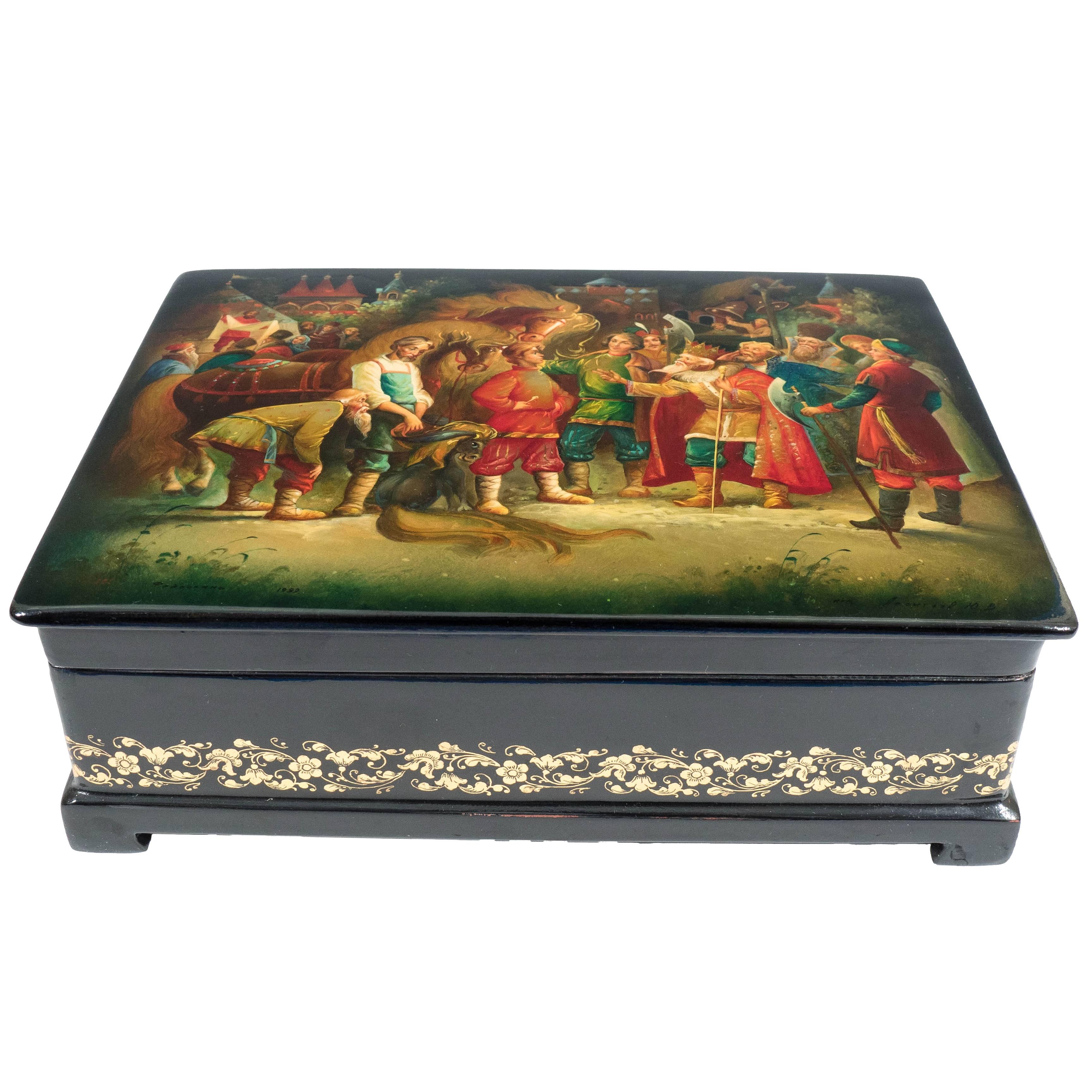 Russian Fedoskino Painted Black Lacquer Box, Signed and Dated 1989
