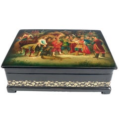 Retro Russian Fedoskino Painted Black Lacquer Box, Signed and Dated 1989