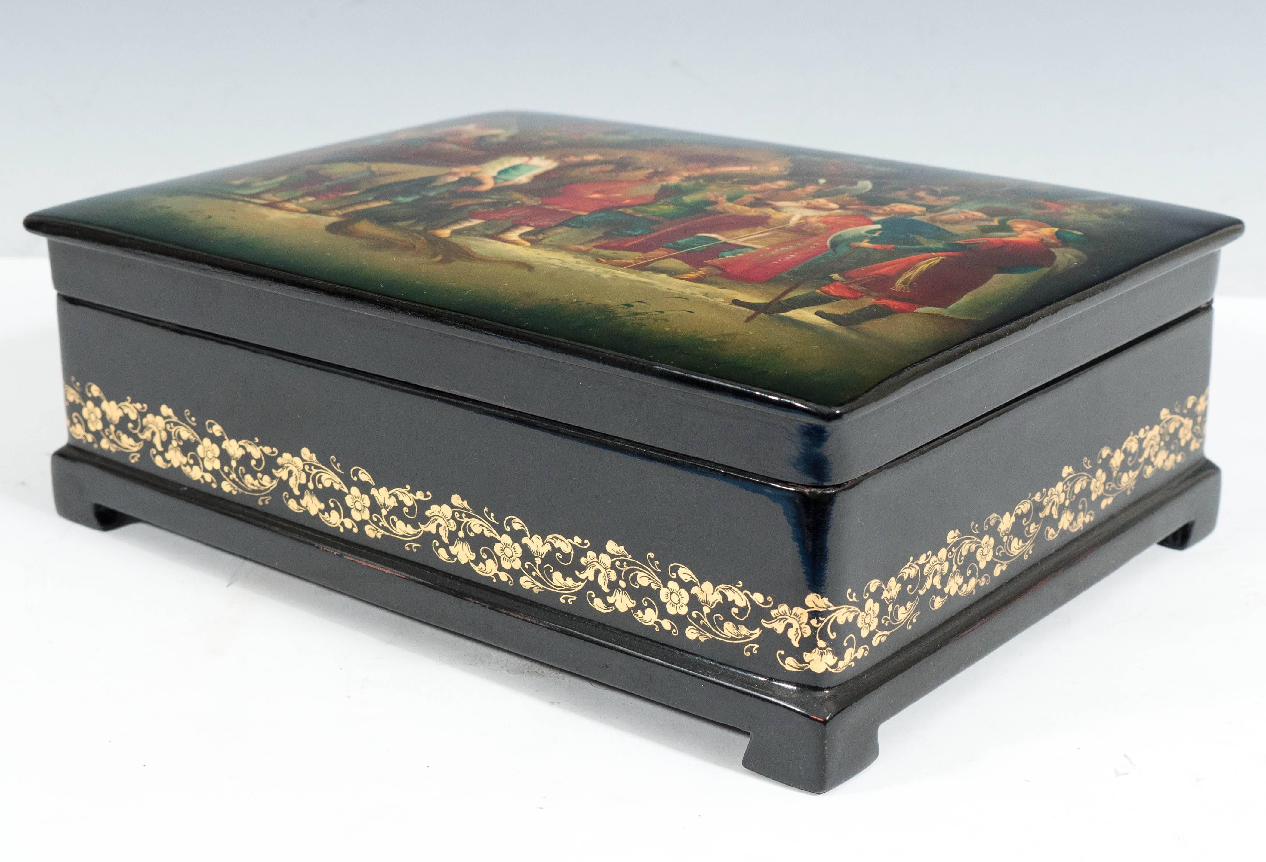 Russian Fedoskino Painted Black Lacquer Box, Signed and Dated 1989 In Good Condition In New York, NY