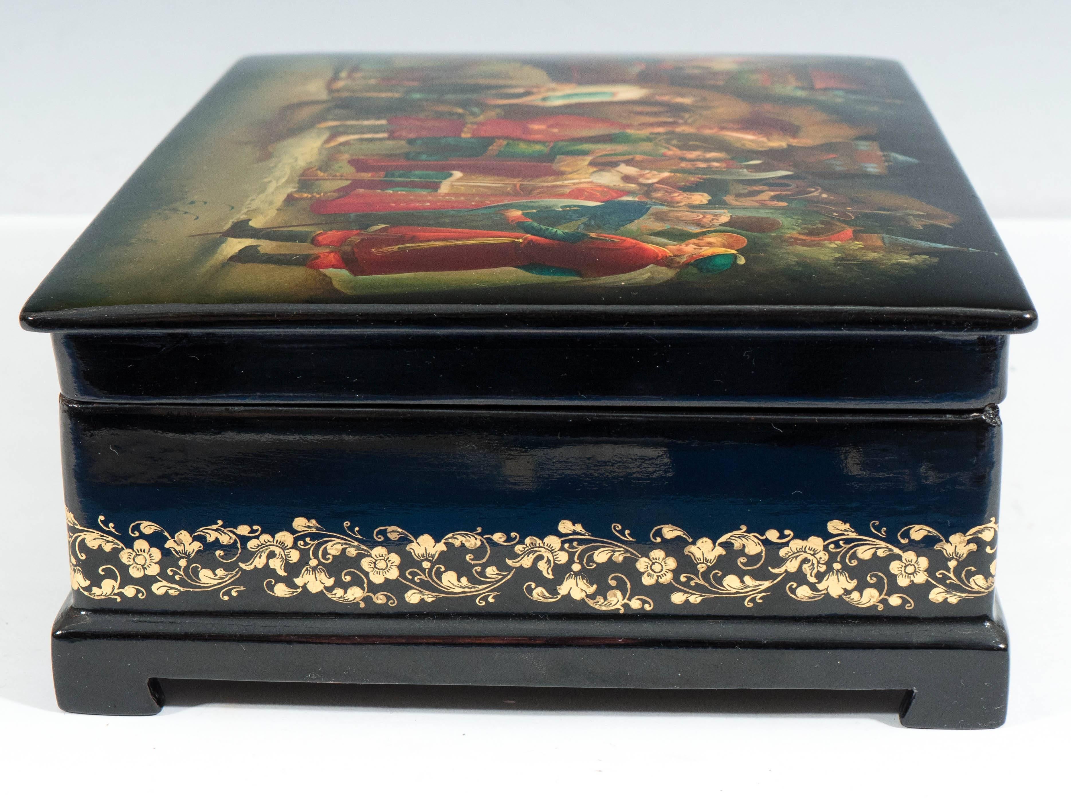 Late 20th Century Russian Fedoskino Painted Black Lacquer Box, Signed and Dated 1989