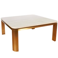Leon Rosen Floating Travertine Top Coffee Table in Brass for Pace