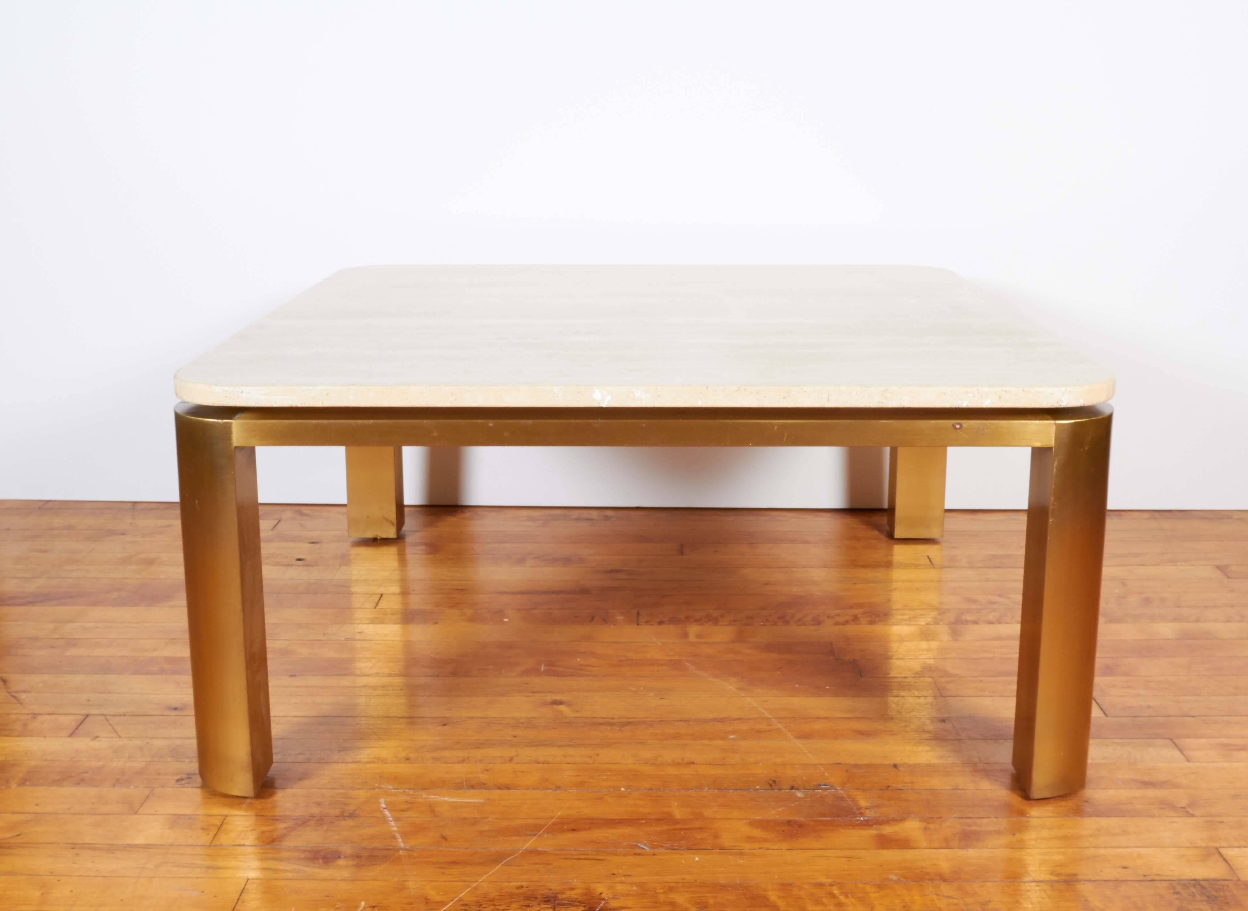 Brushed Leon Rosen Floating Travertine Top Coffee Table in Brass for Pace