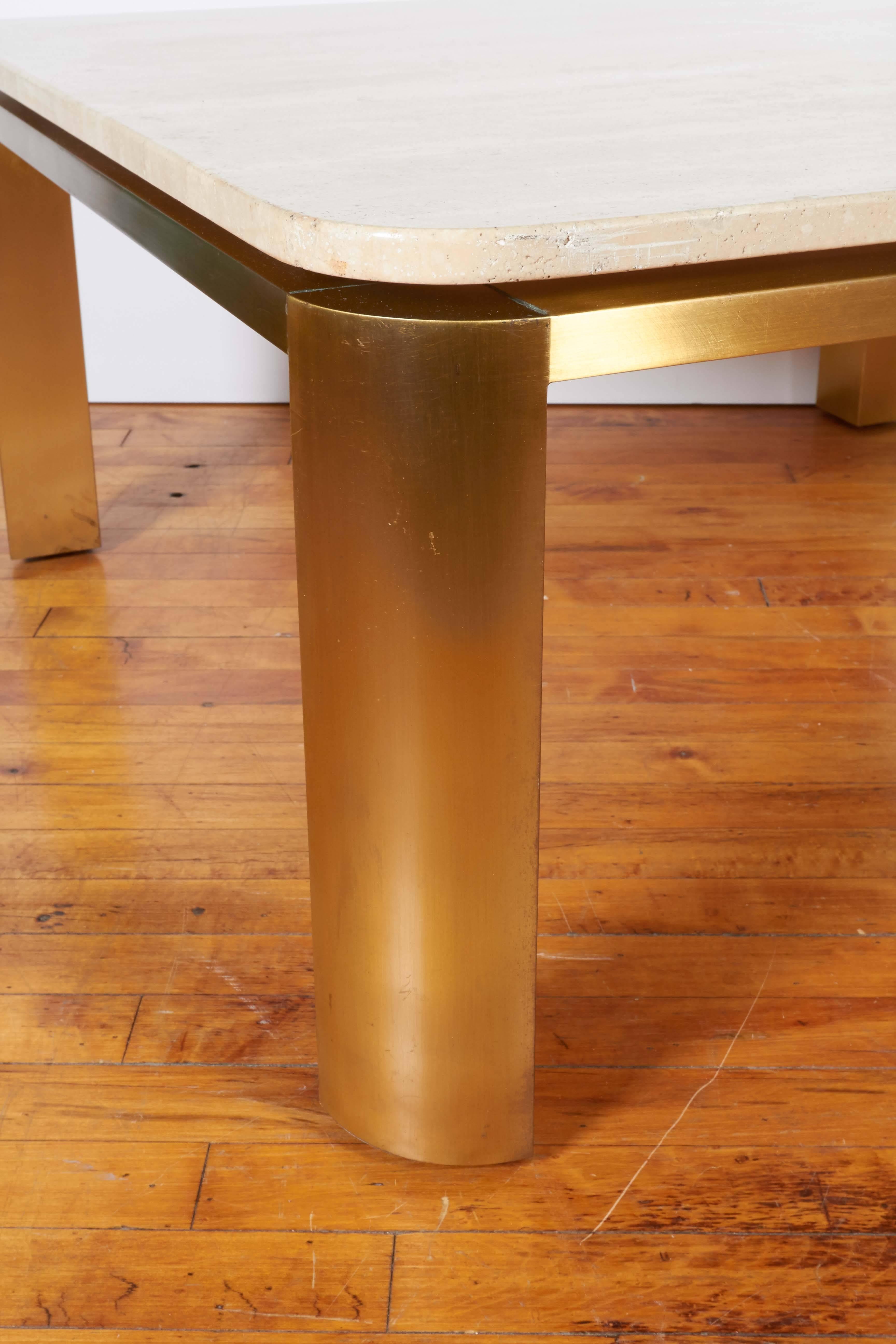 Late 20th Century Leon Rosen Floating Travertine Top Coffee Table in Brass for Pace