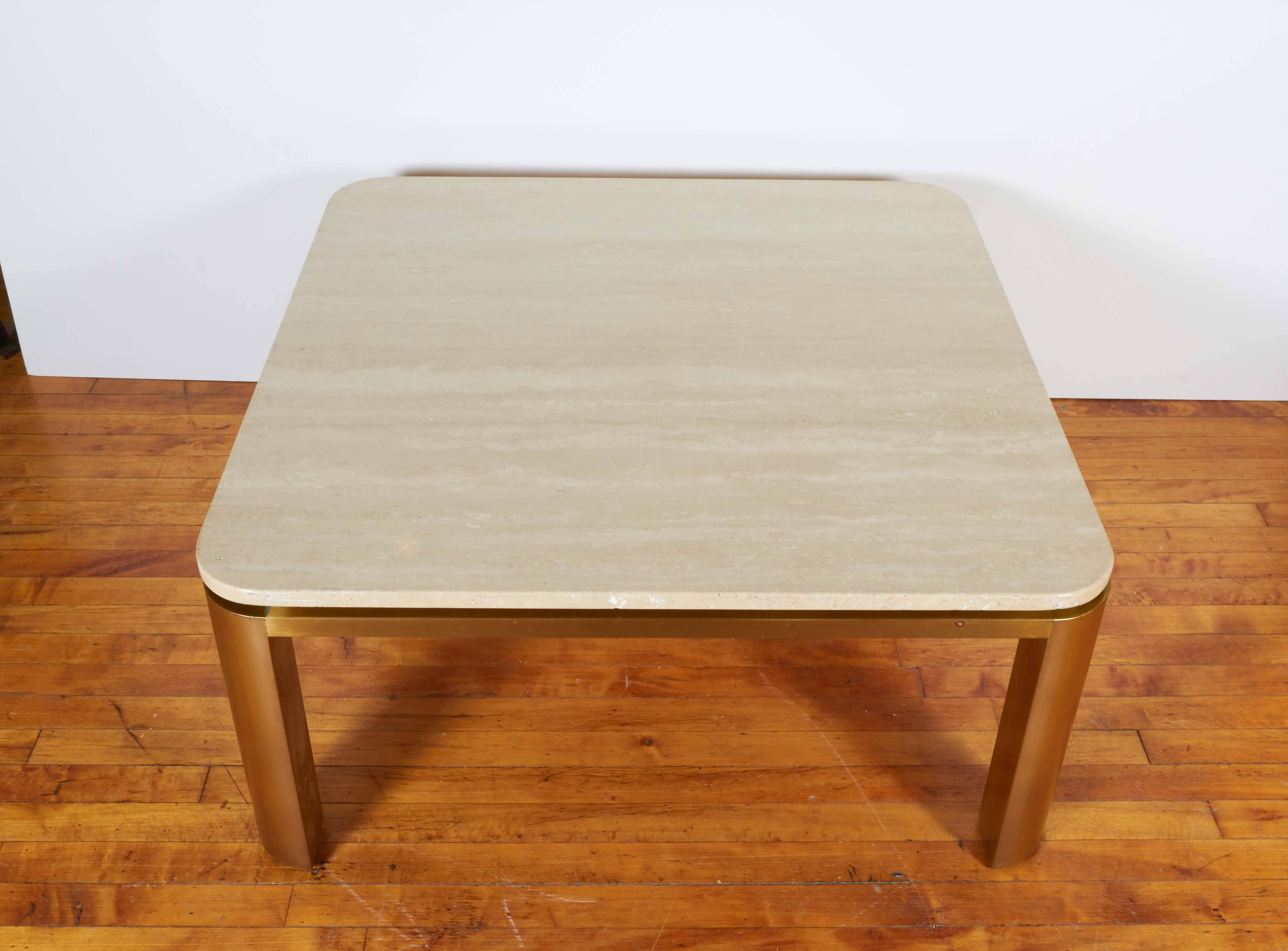 Leon Rosen Floating Travertine Top Coffee Table in Brass for Pace 2