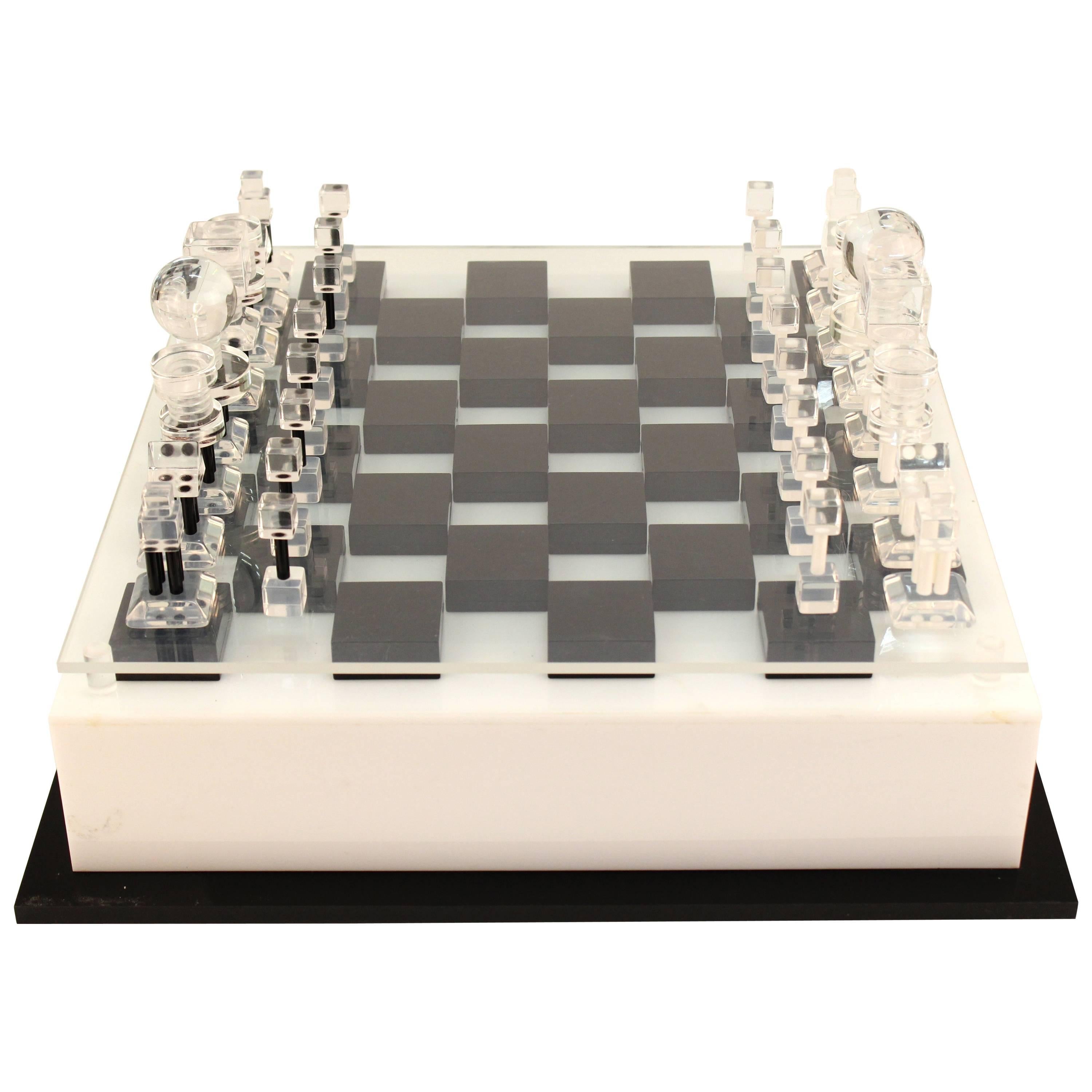 Large Mid-Century Modern Lucite Chess Set with Elaborate Chess Pieces