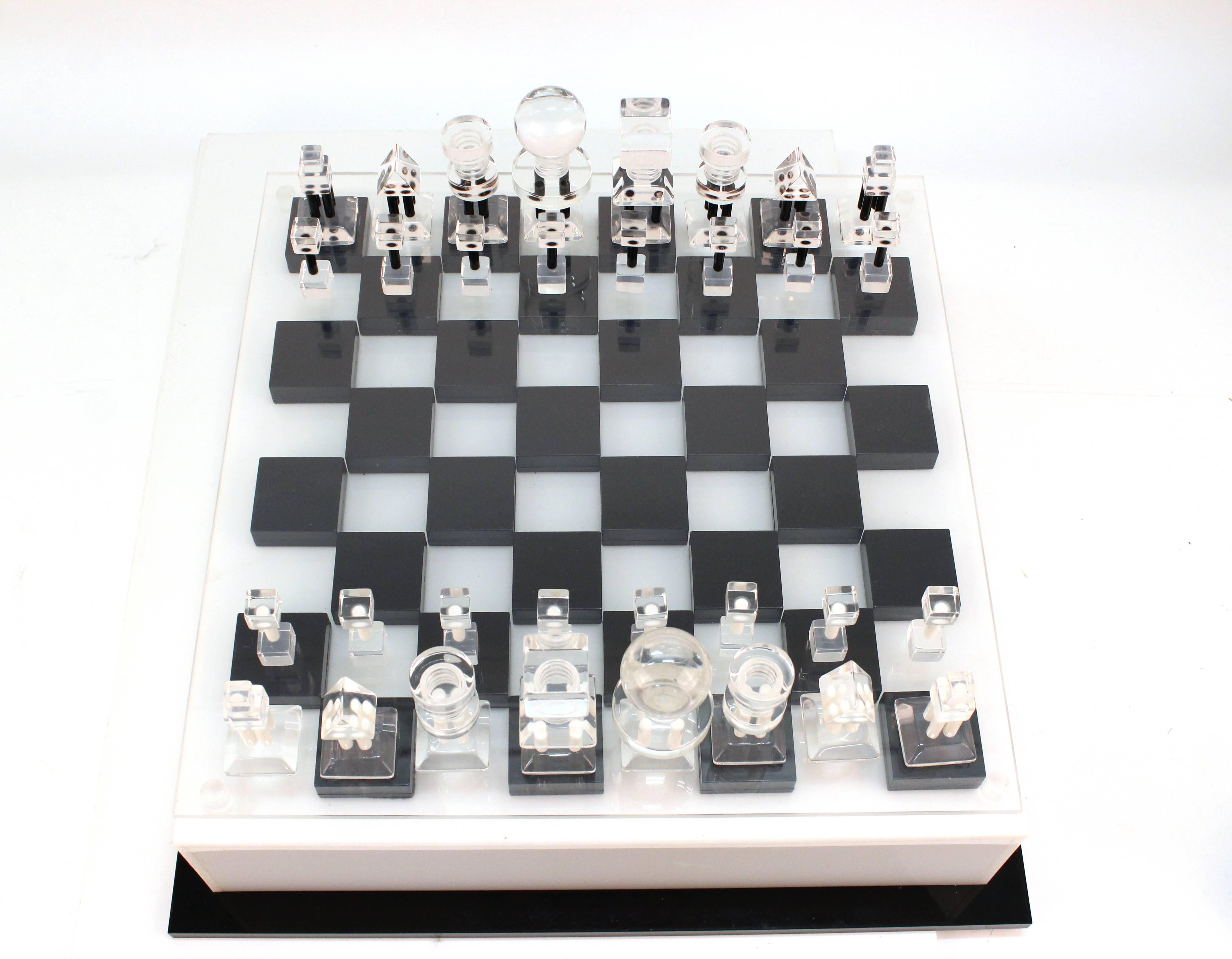American Large Mid-Century Modern Lucite Chess Set with Elaborate Chess Pieces