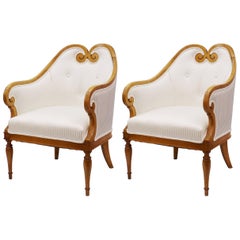 Antique Biedermeier Occasional Chairs with White Stripe Upholstery
