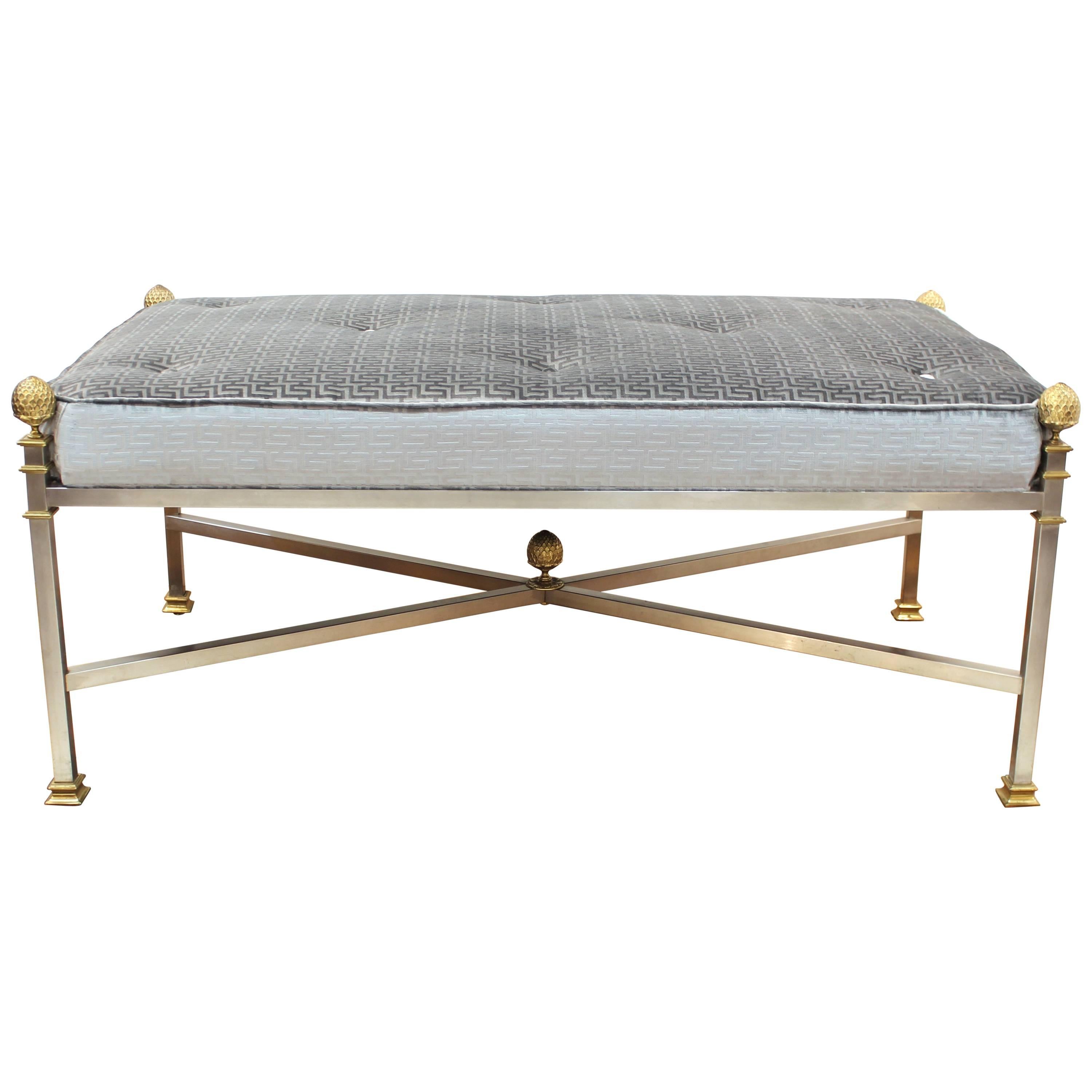 French Maison Jansen Large Bench in Brushed Steel and Greek Key Textile