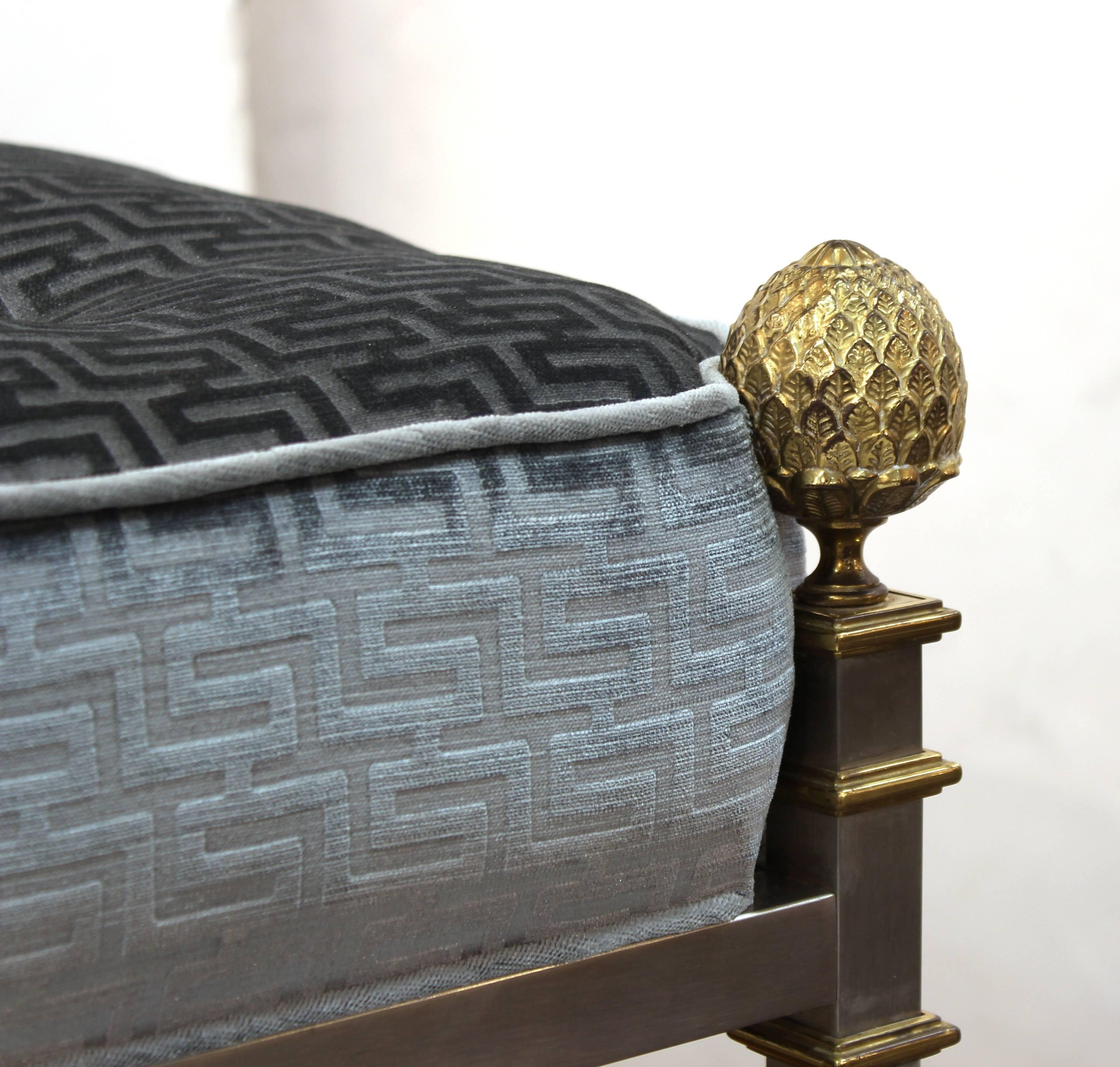 Hollywood Regency French Maison Jansen Large Bench in Brushed Steel and Greek Key Textile