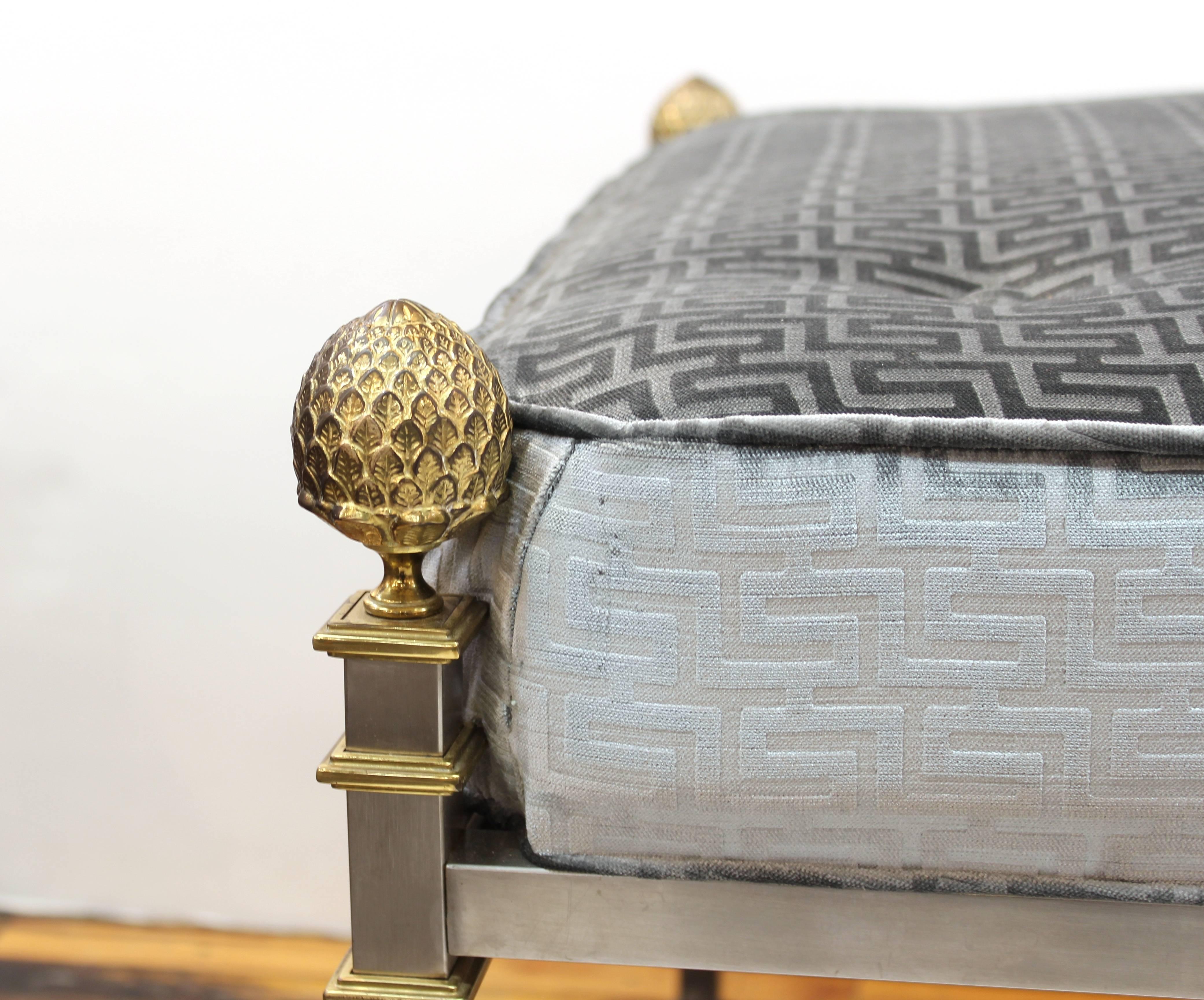 French Maison Jansen Large Bench in Brushed Steel and Greek Key Textile In Excellent Condition In New York, NY
