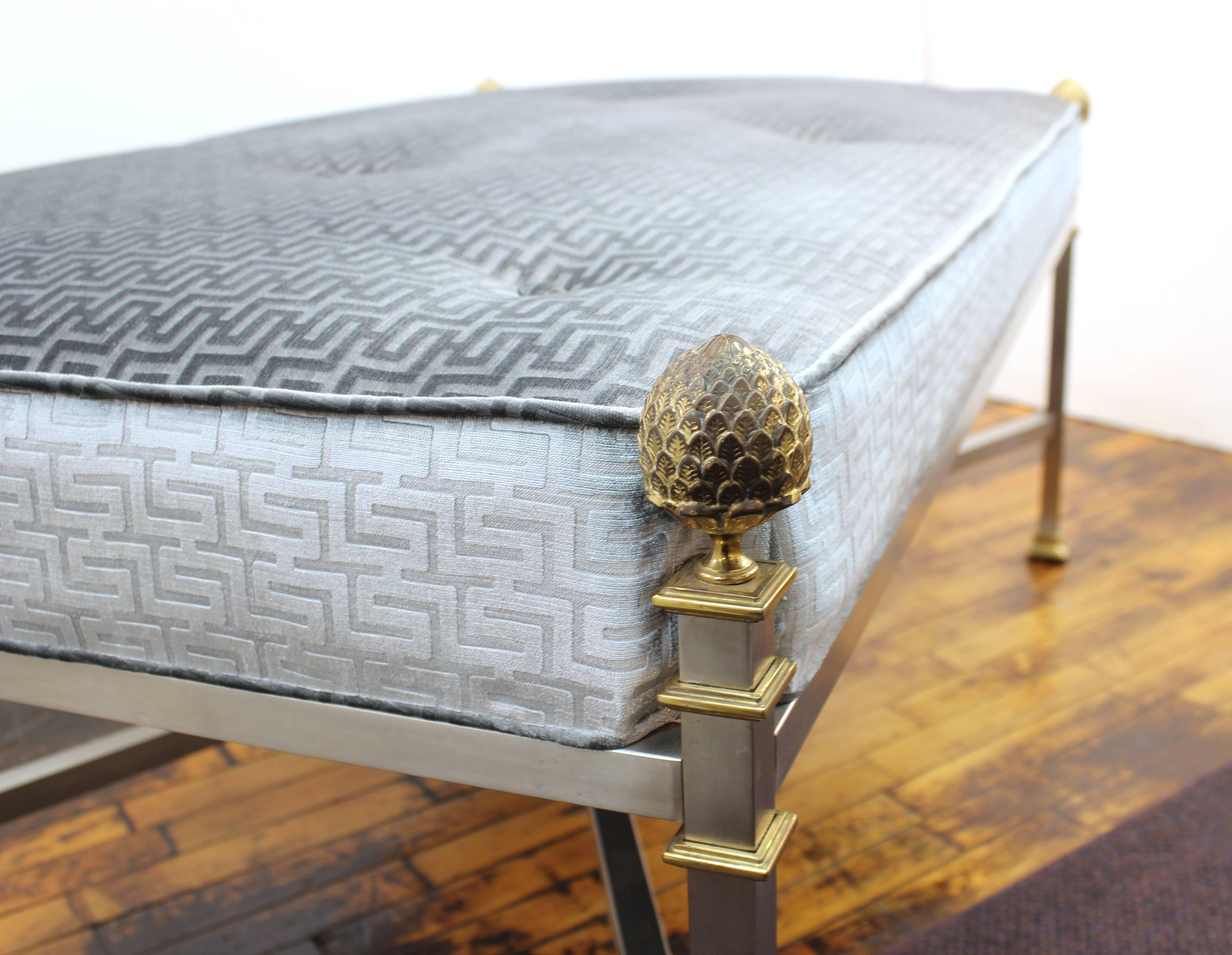 Mid-20th Century French Maison Jansen Large Bench in Brushed Steel and Greek Key Textile