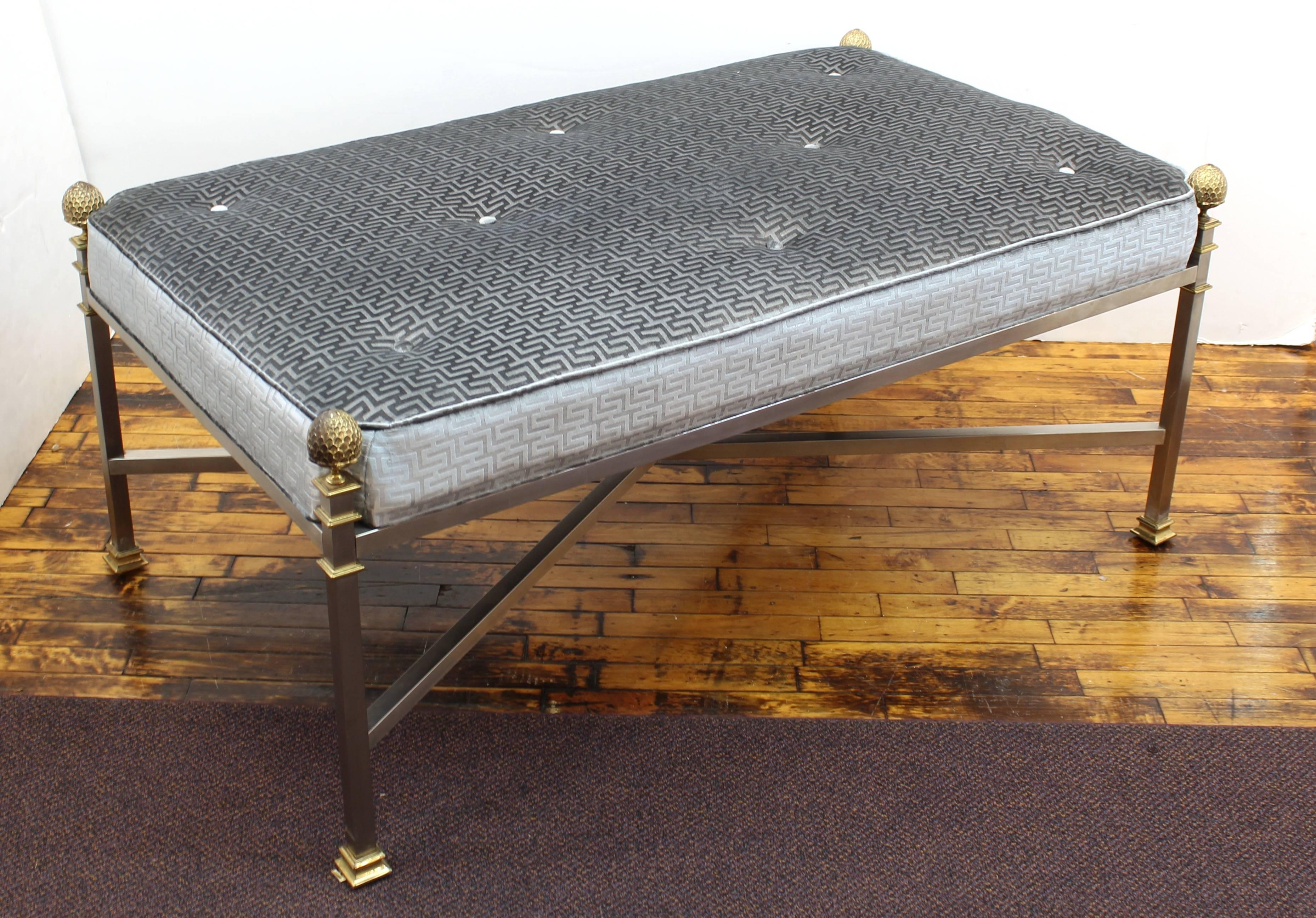 French Maison Jansen Large Bench in Brushed Steel and Greek Key Textile 3