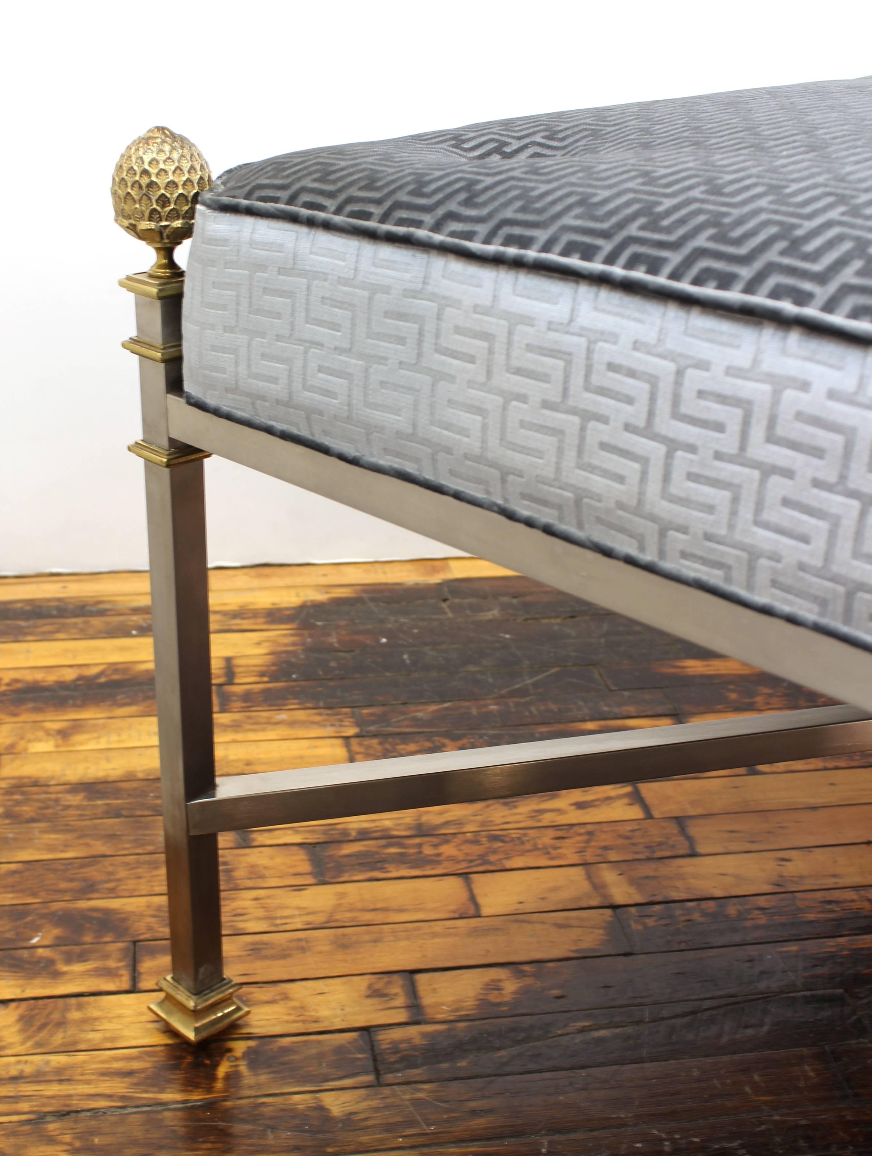 French Maison Jansen Large Bench in Brushed Steel and Greek Key Textile 4