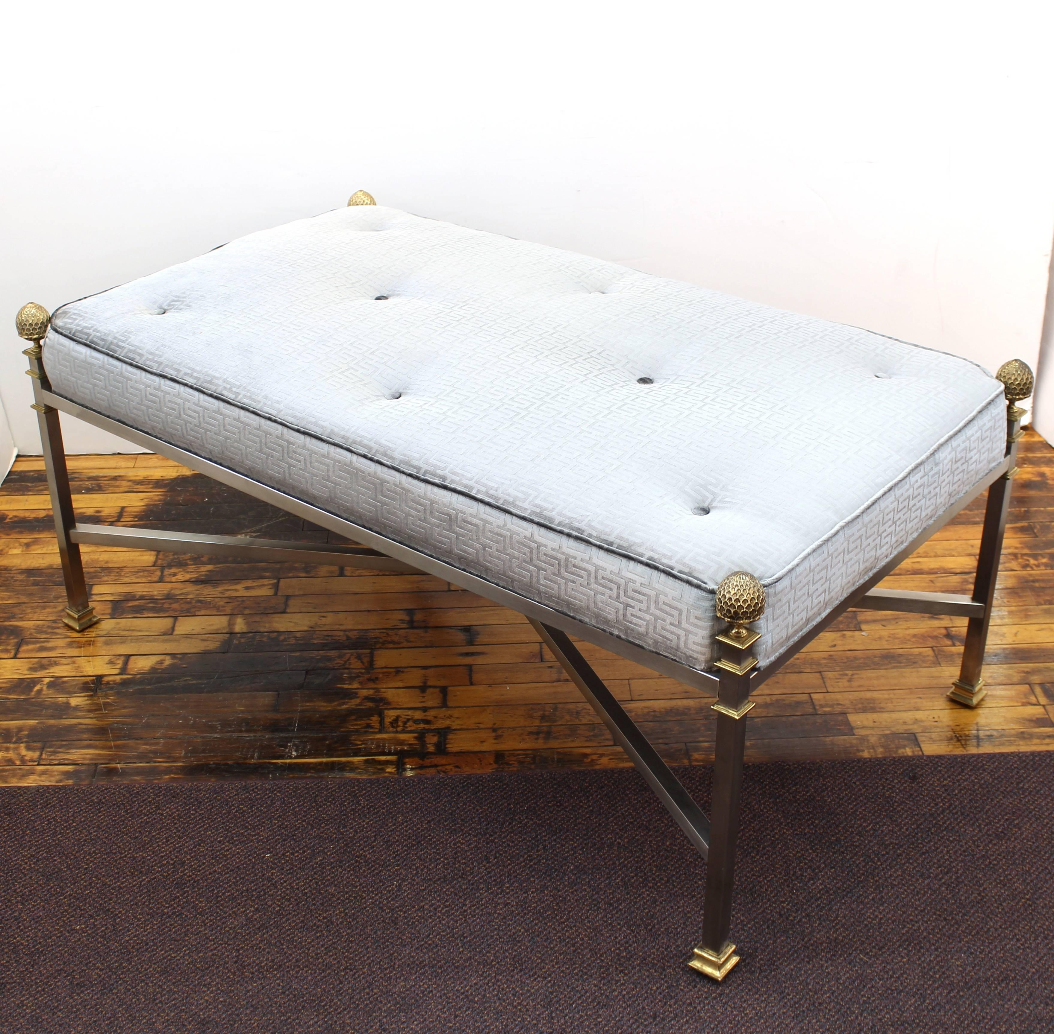 French Maison Jansen Large Bench in Brushed Steel and Greek Key Textile 5