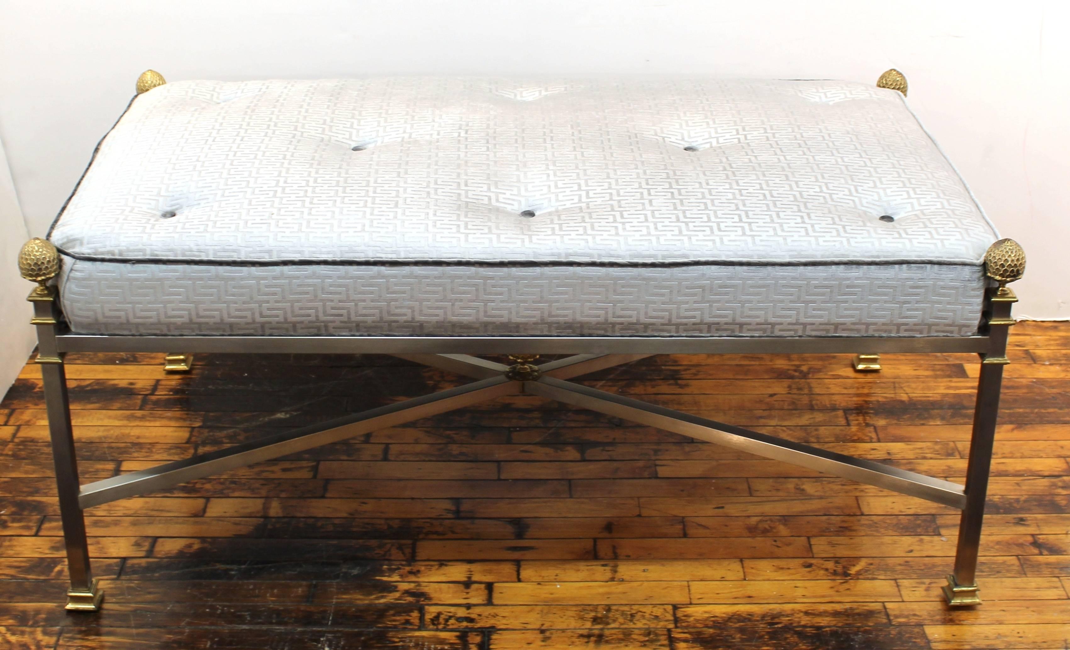 French Maison Jansen Large Bench in Brushed Steel and Greek Key Textile 6