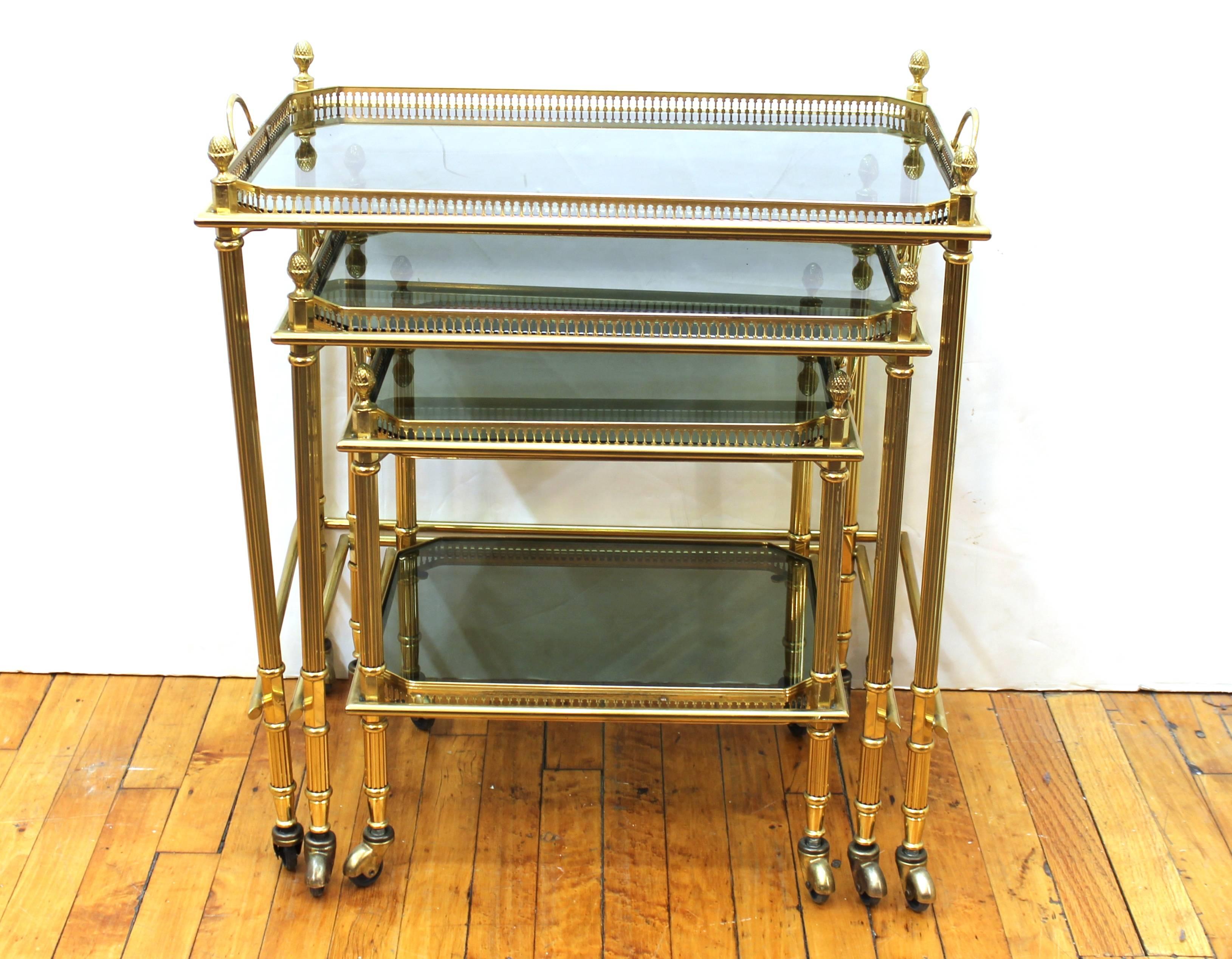 Italian Maison Baguès Nesting Tables in Brass and Smoked Glass on Casters