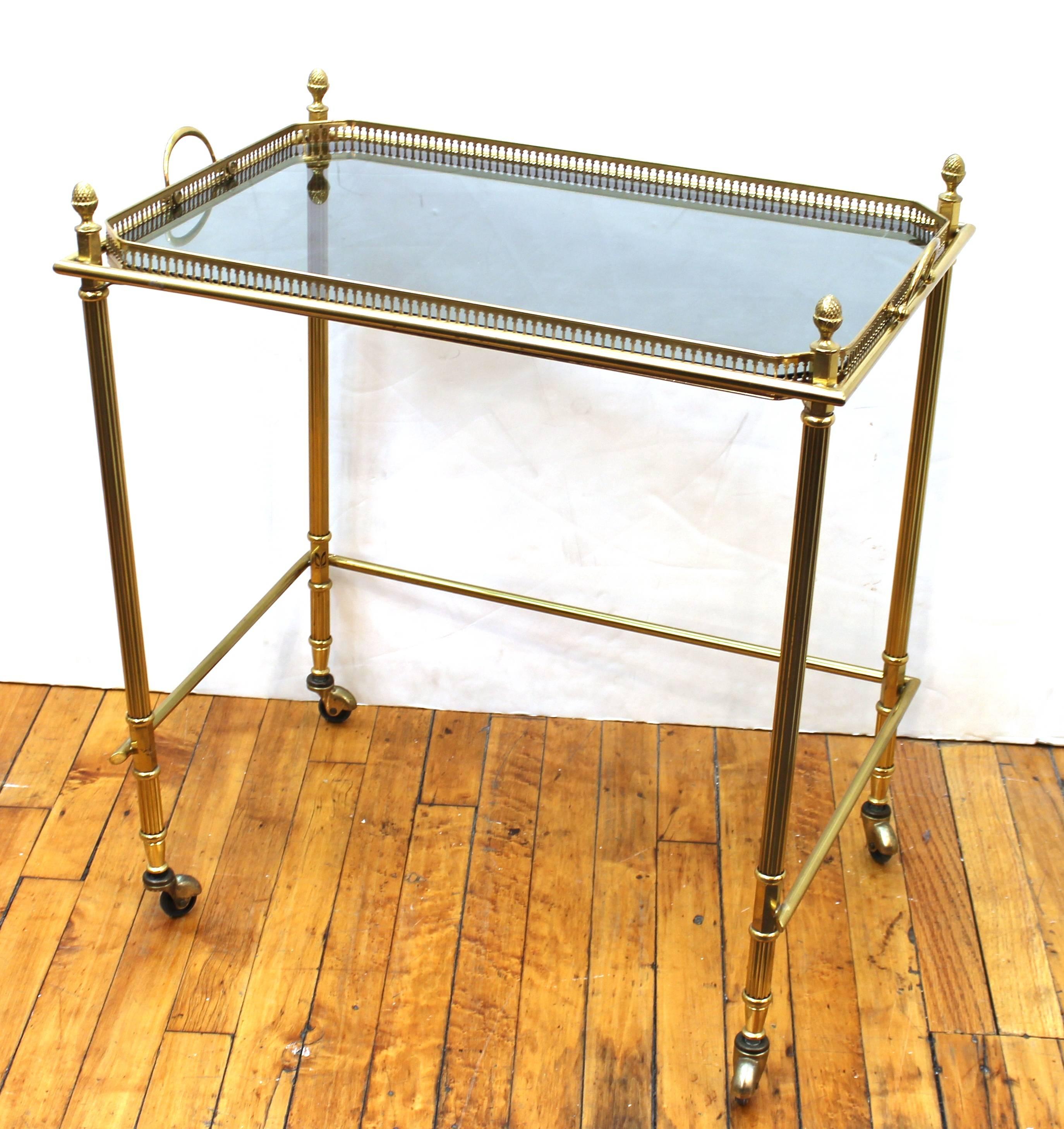 20th Century Maison Baguès Nesting Tables in Brass and Smoked Glass on Casters