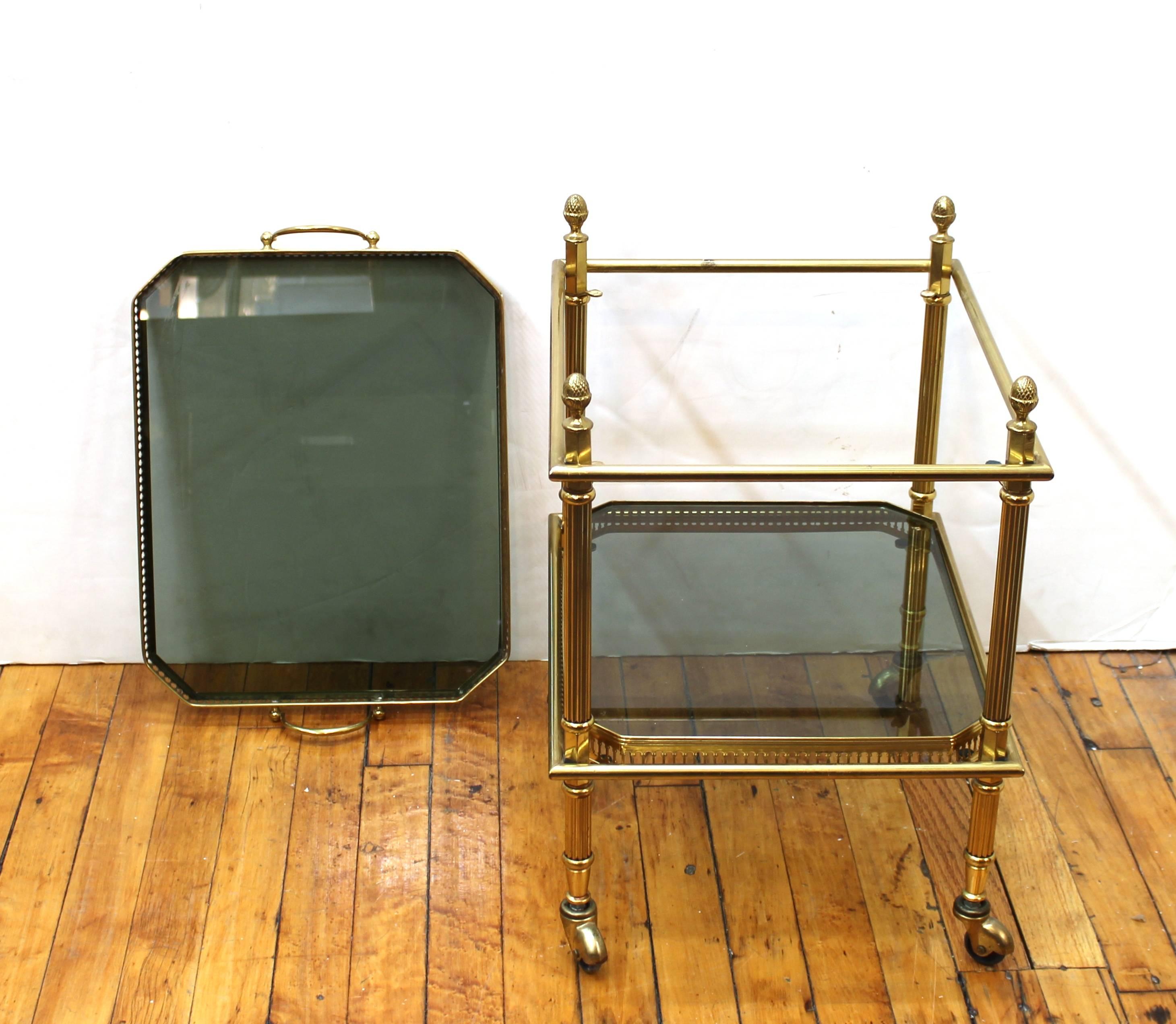 Maison Baguès Nesting Tables in Brass and Smoked Glass on Casters 3