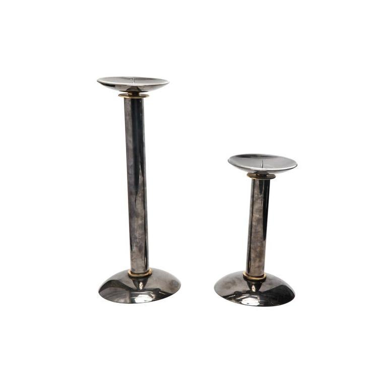 Modern Pillar Candlesticks in Metal & Brass In Good Condition For Sale In New York, NY
