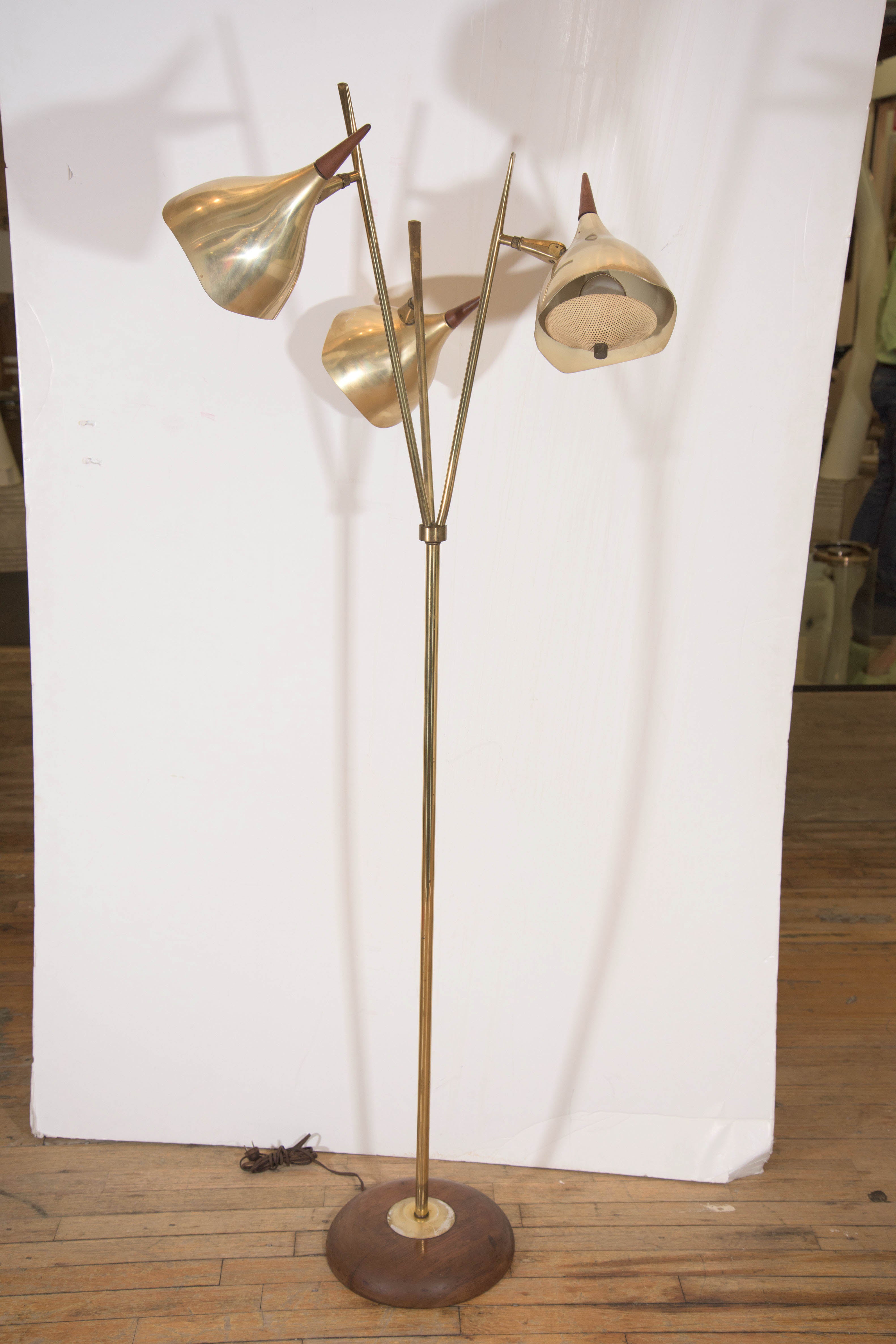 Italian Stilnovo Style Three-Light Floor Lamp in Brass with Wood Accents