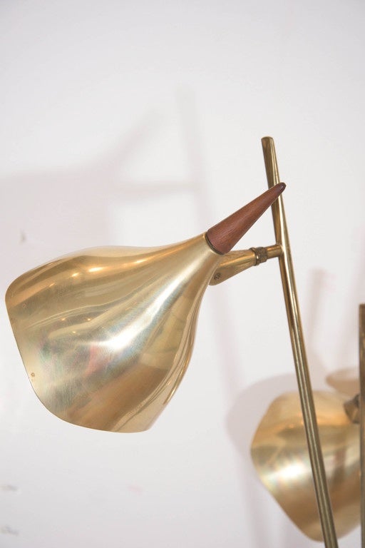 20th Century Italian Stilnovo Style Three-Light Floor Lamp in Brass with Wood Accents