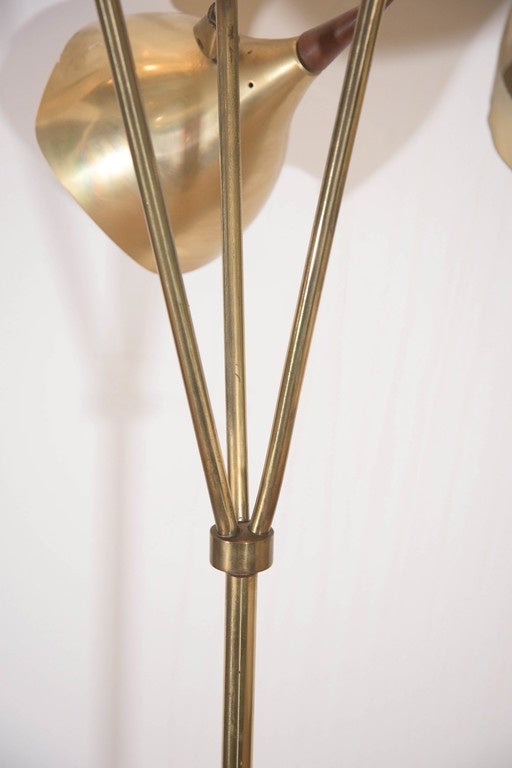 Italian Stilnovo Style Three-Light Floor Lamp in Brass with Wood Accents 1