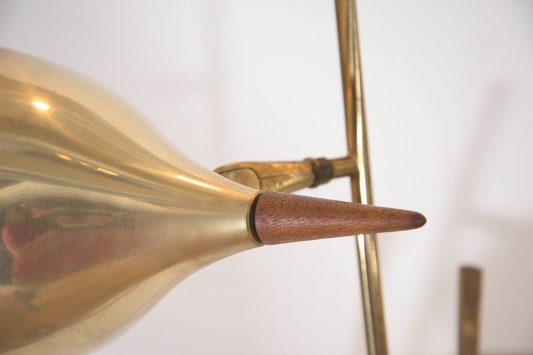 Italian Stilnovo Style Three-Light Floor Lamp in Brass with Wood Accents 2