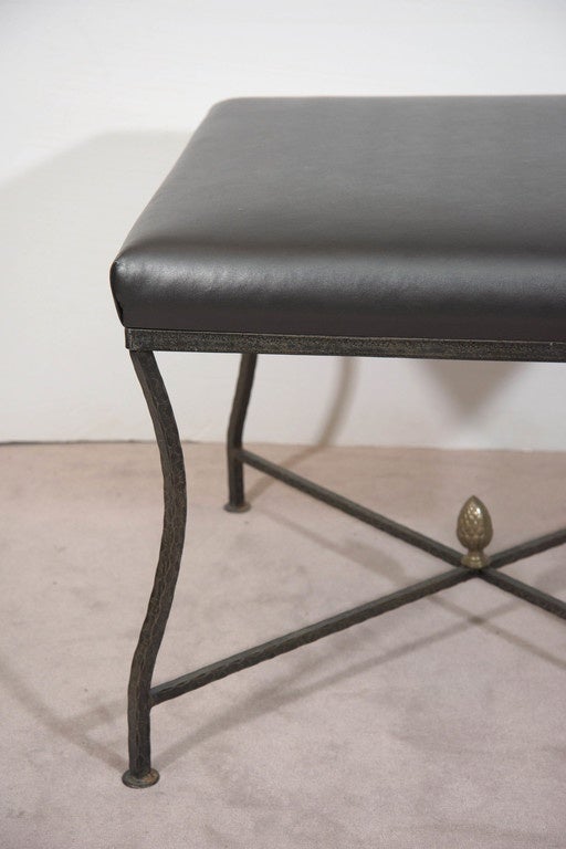Pair of French Midcentury Wrought Iron Benches with Charcoal Leatherette Seats